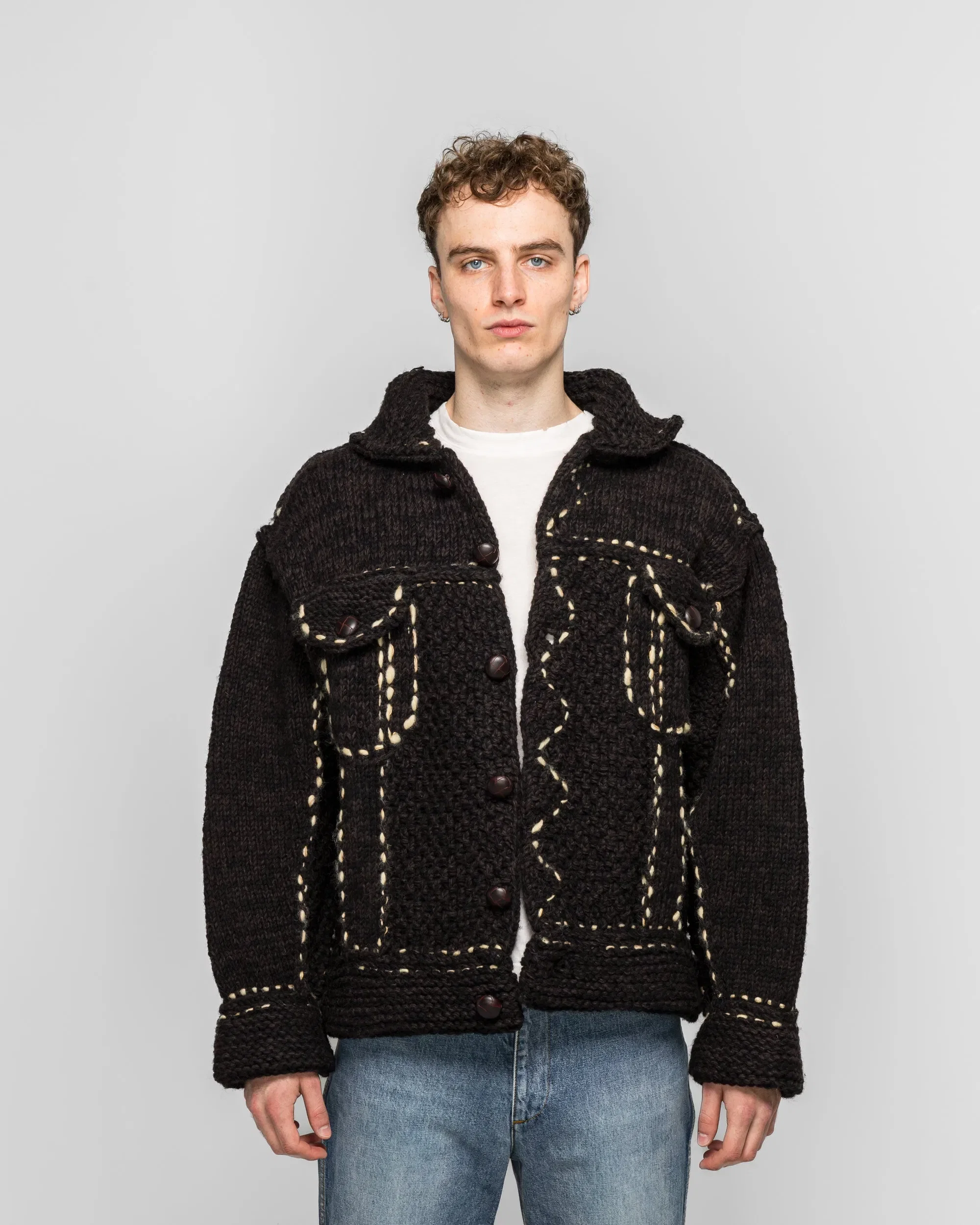 KAPITAL Wool Hand Knit Cowichan G-JACKET - Black