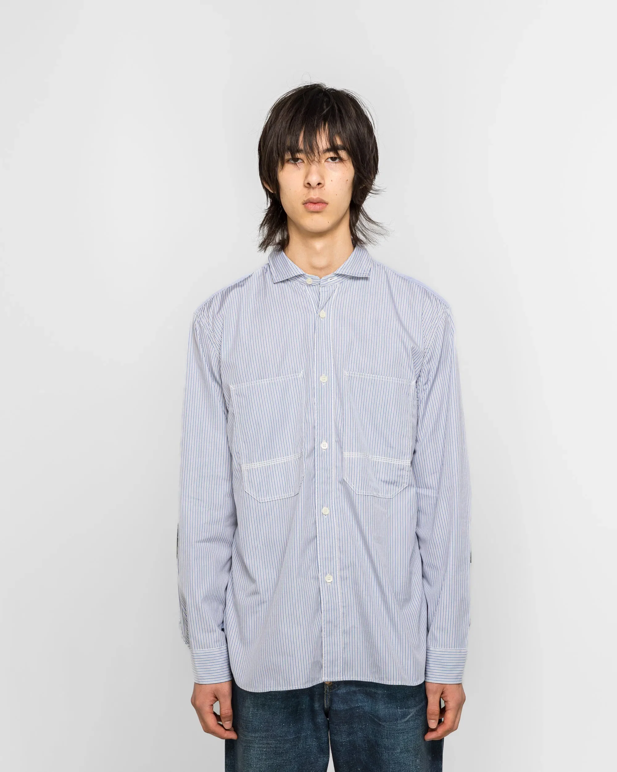Junya Watanabe MAN Cotton Stripe x Cotton Ripstop Shirt - White/Sax-Navy