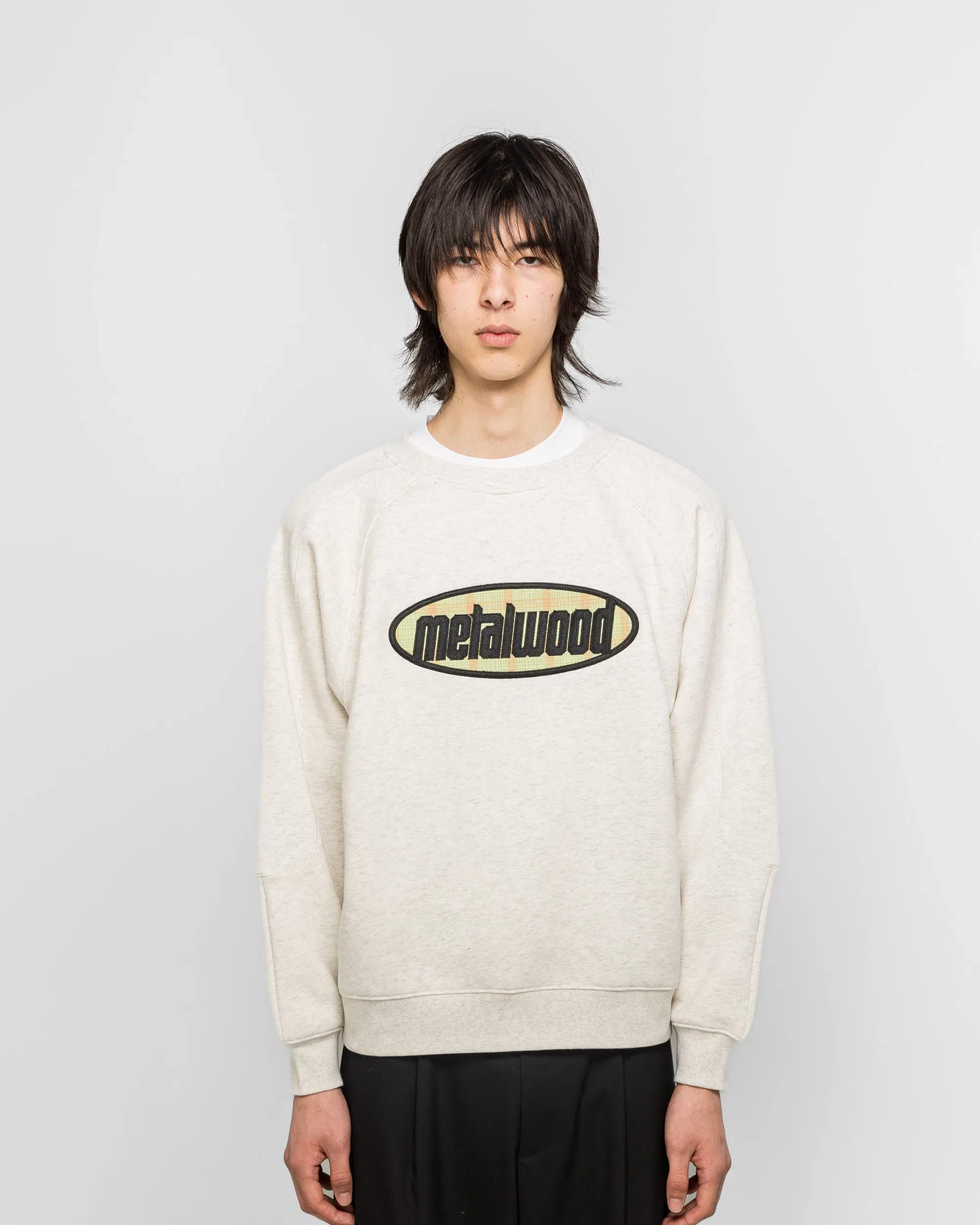 Metalwood Plaid Oval Logo Raglan Crewneck Sweatshirt - Heather Grey