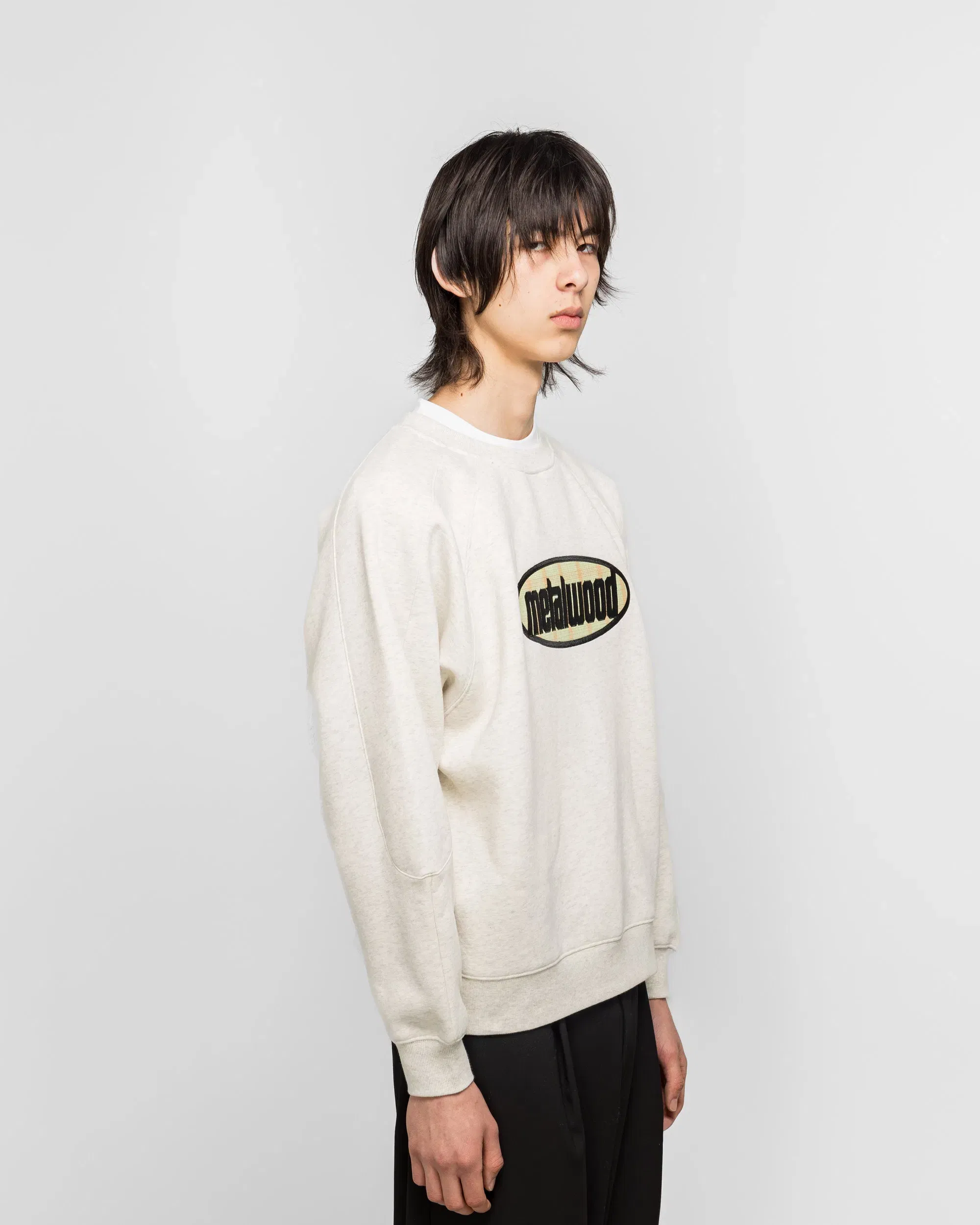Metalwood Plaid Oval Logo Raglan Crewneck Sweatshirt - Heather Grey