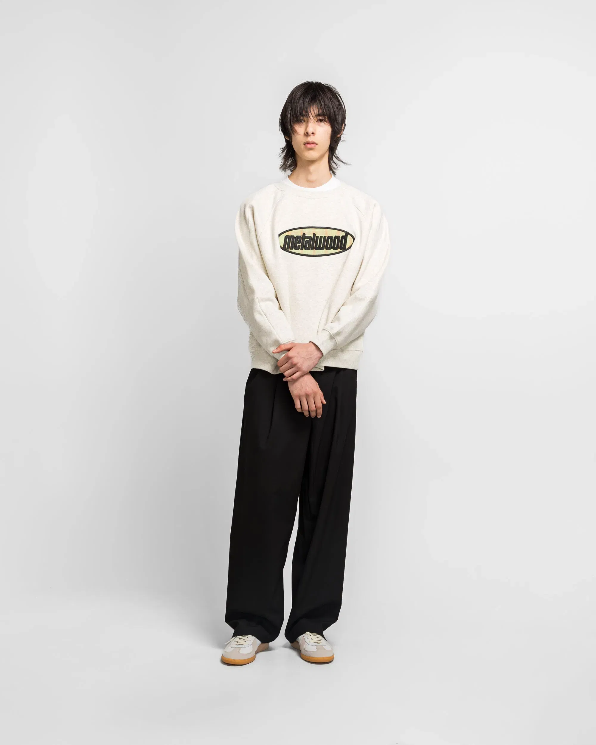 Metalwood Plaid Oval Logo Raglan Crewneck Sweatshirt - Heather Grey