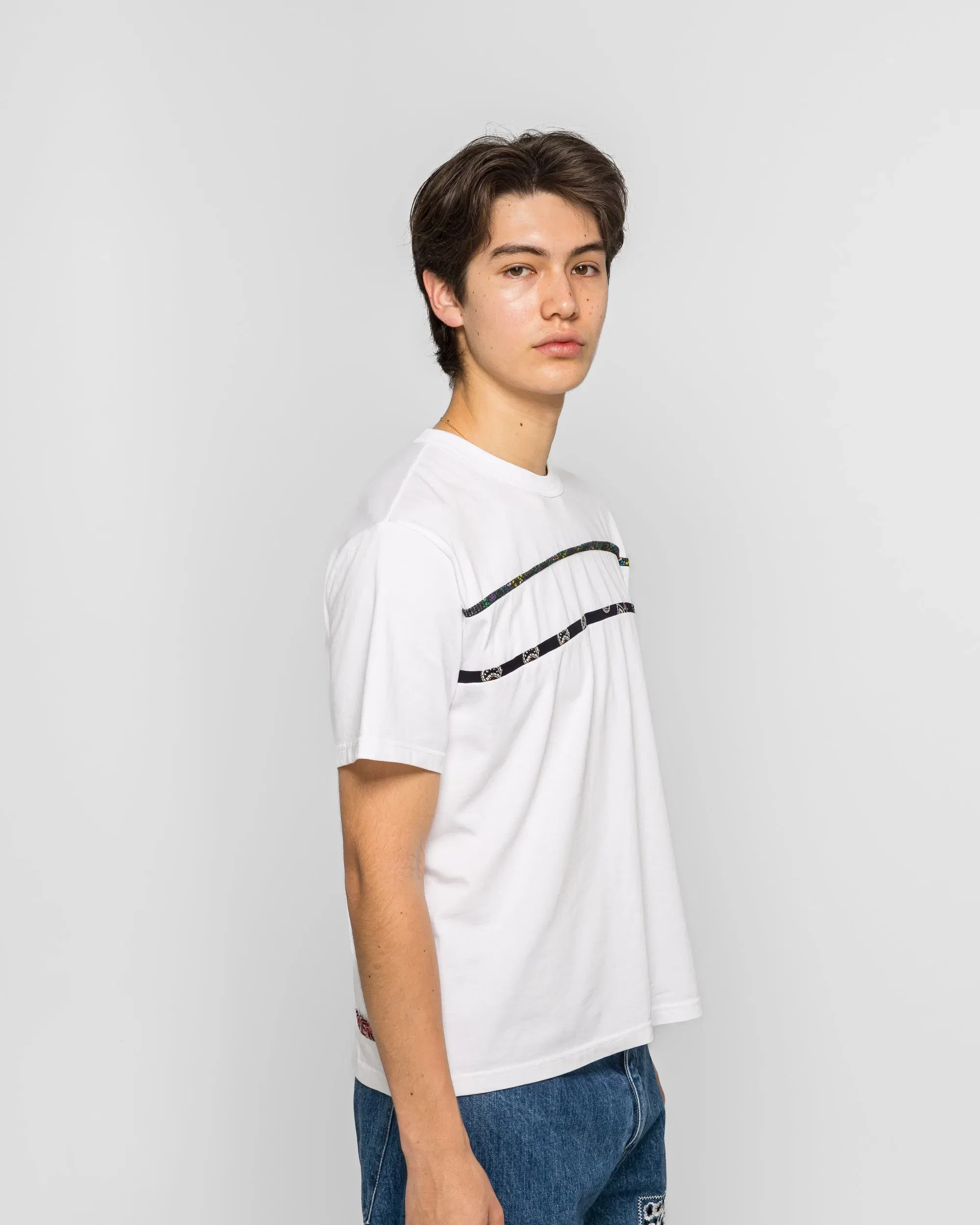 NOMARHYTHM TEXTILE Border Patchwork T-Shirt - White