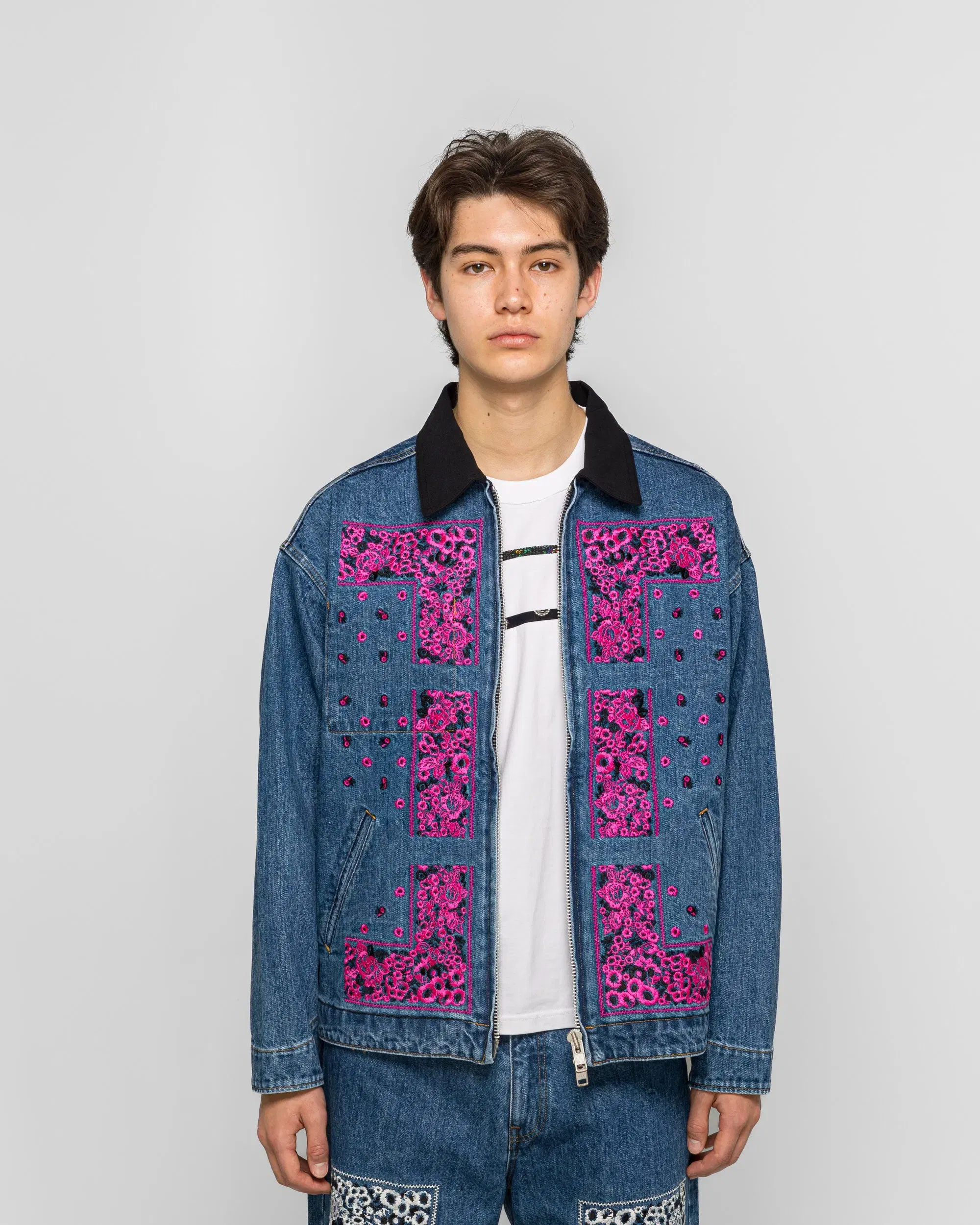 NOMARHYTHM TEXTILE Bandana Embroidery Denim Jacket - Indigo/Pink