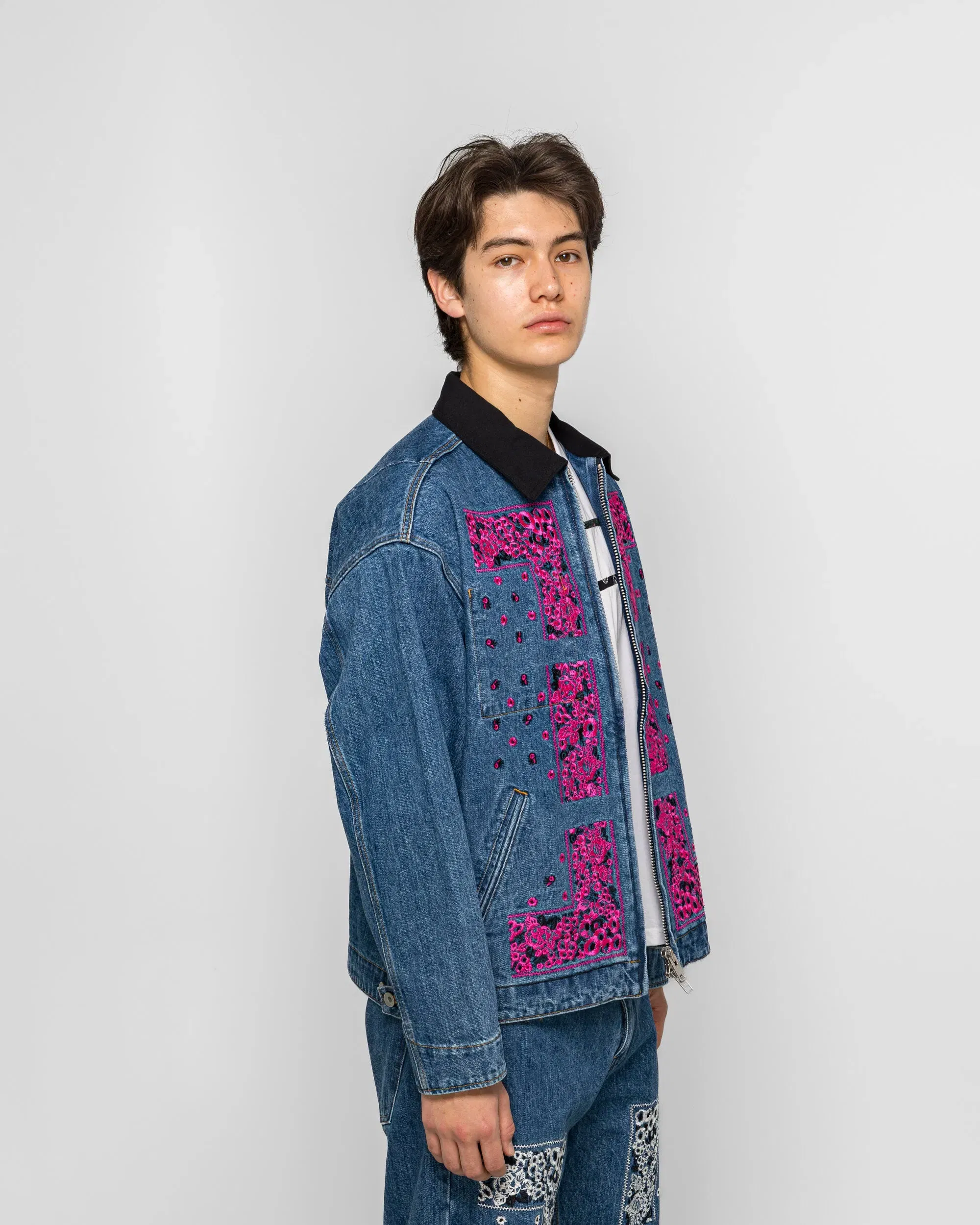 NOMARHYTHM TEXTILE Bandana Embroidery Denim Jacket - Indigo/Pink