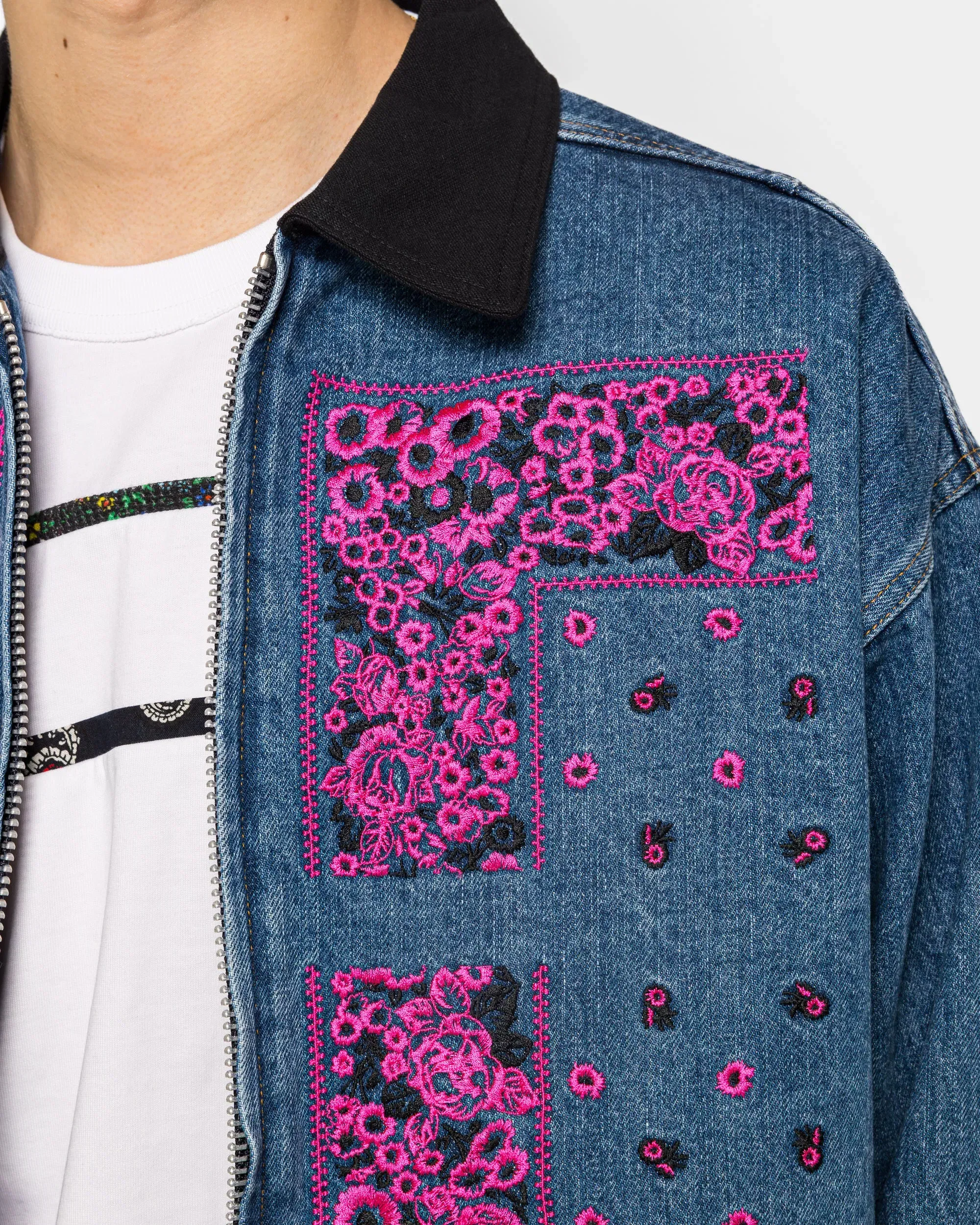 NOMARHYTHM TEXTILE Bandana Embroidery Denim Jacket - Indigo/Pink