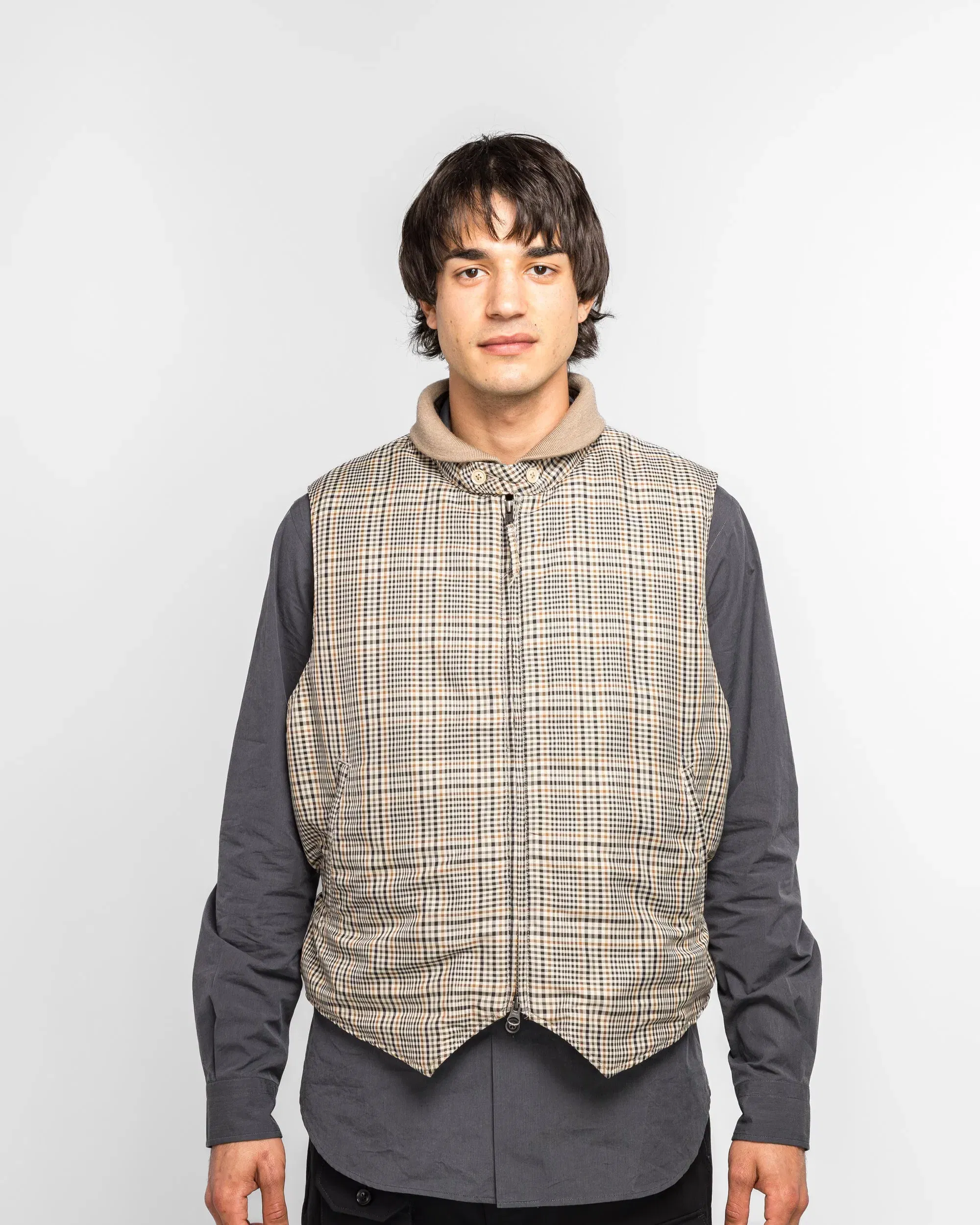 Engineered Garments LL Vest - Khaki Plaid Polyester Cloth