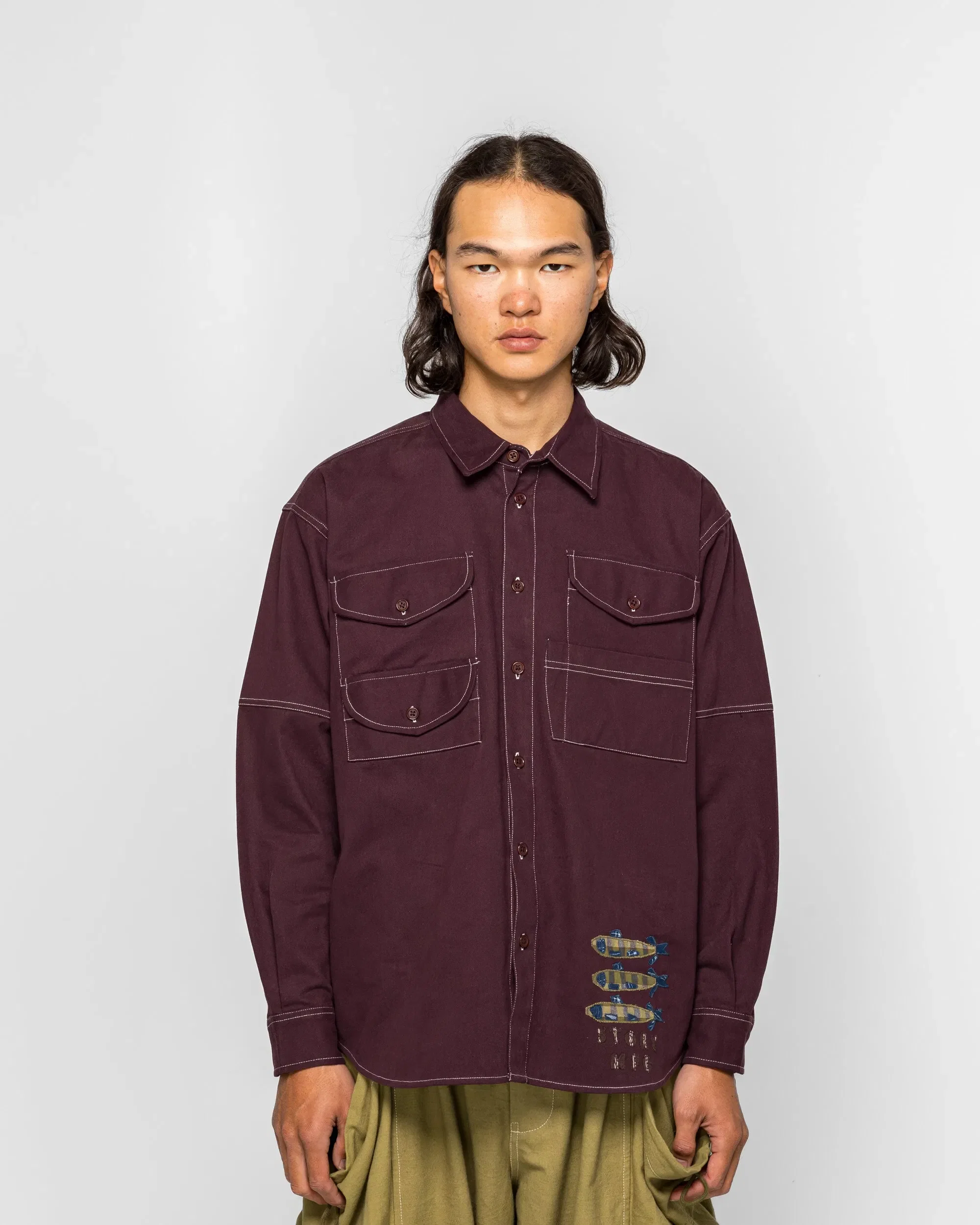 STORY mfg. Harvest Shirt - Purple Fish Hand Applique