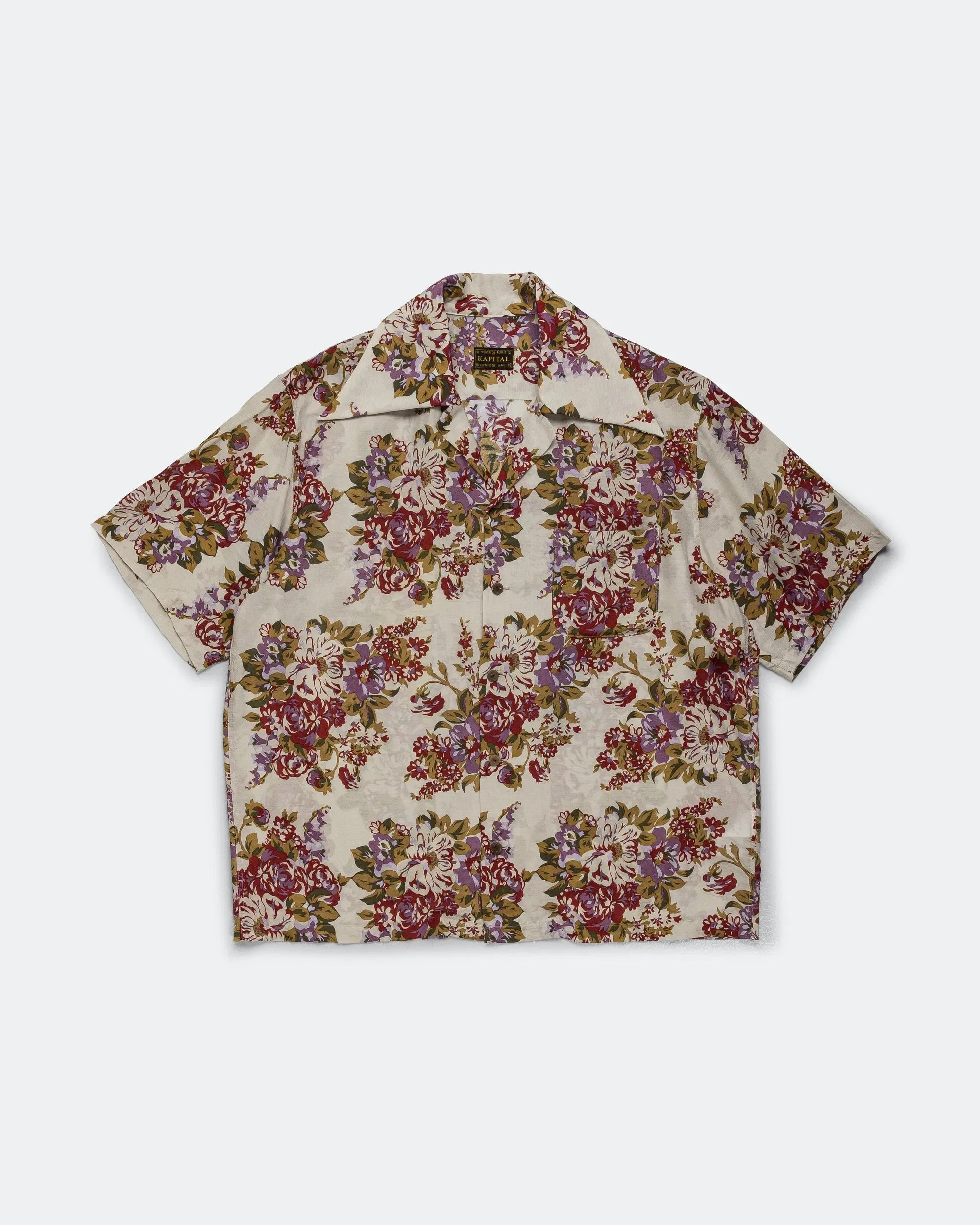 KAPITAL Silk Rayon CHAMPETRE A.MA.TE.RA.SE. WRANGLE Collar Aloha Shirt - Purple/Beige