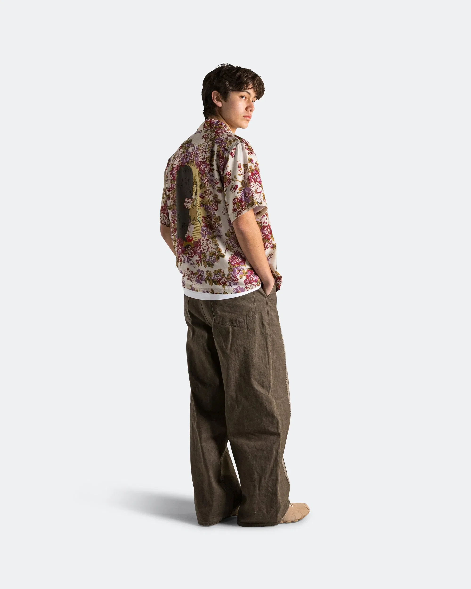 KAPITAL Silk Rayon CHAMPETRE A.MA.TE.RA.SE. WRANGLE Collar Aloha Shirt - Purple/Beige