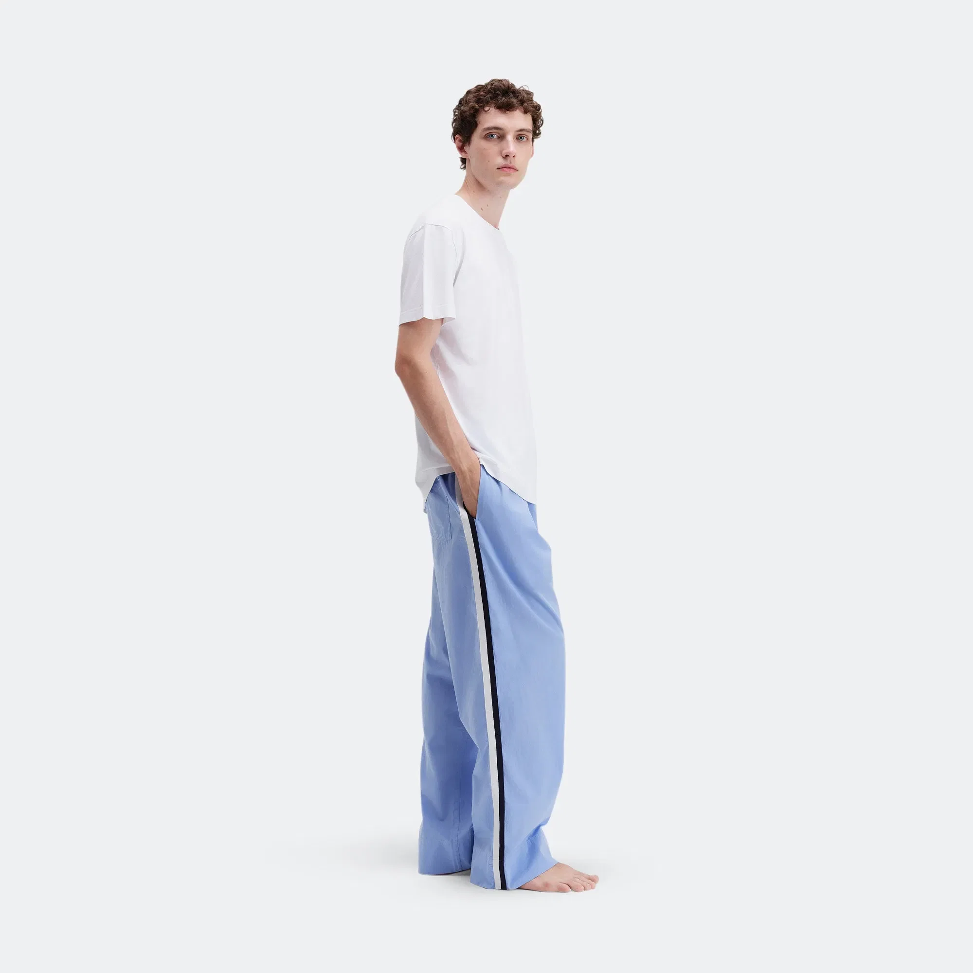TEKLA Pyjama Pants Grosgrain Side Stripe - Cornflower Blue Cotton Poplin