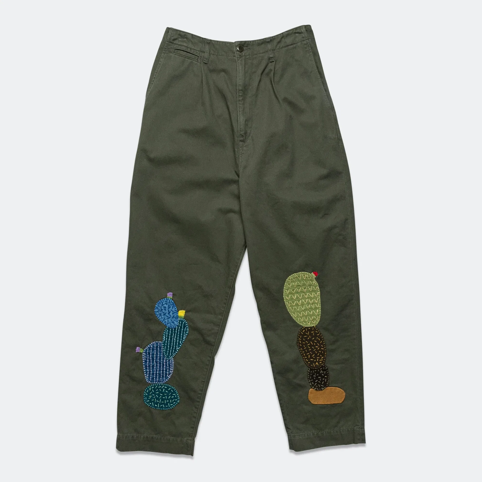 KAPITAL Chino High Waisted NIME Pants CACTUS Embroidery - Khaki