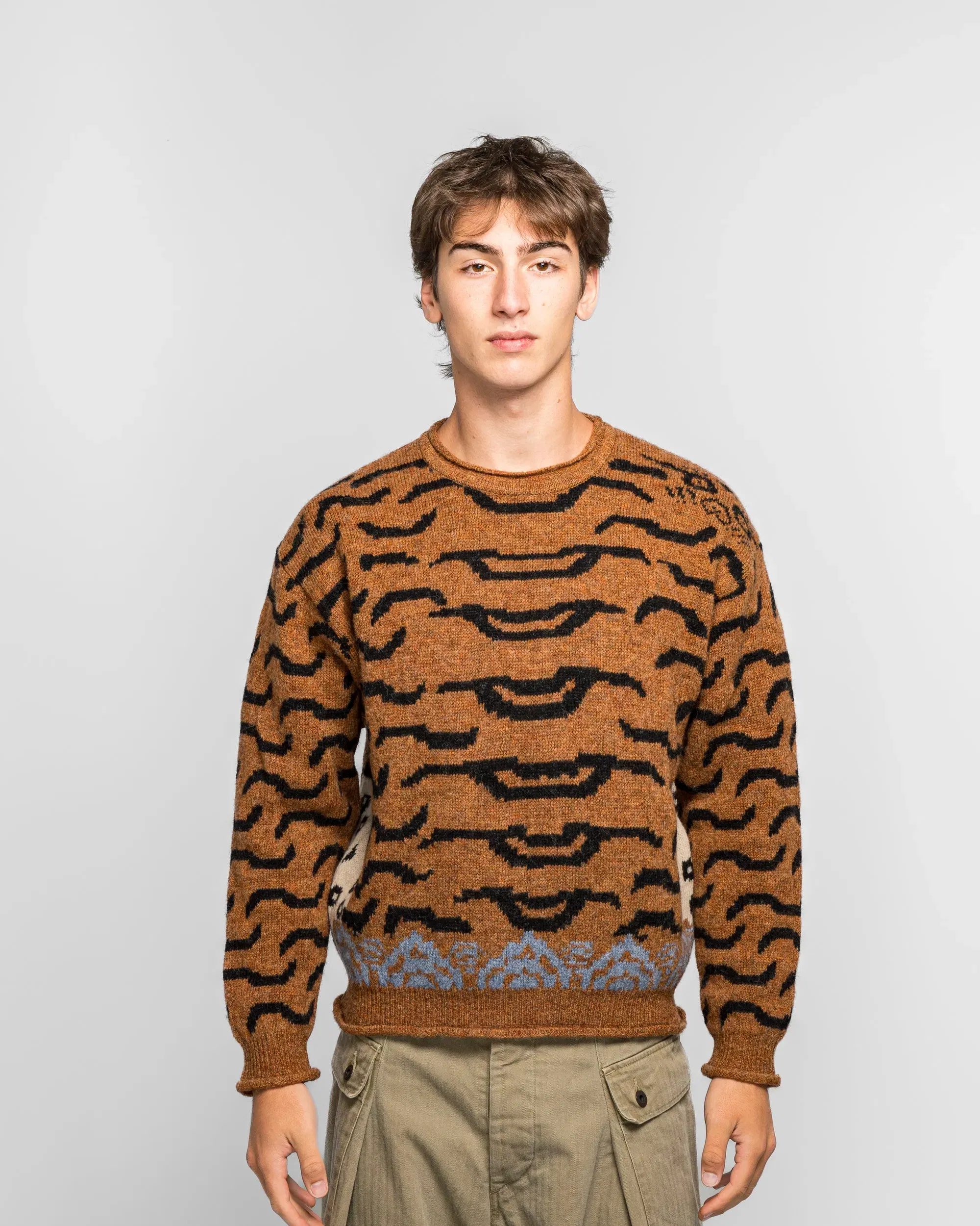 KAPITAL 7G Wool Nepal Tiger Crew Knit Sweater - Orange