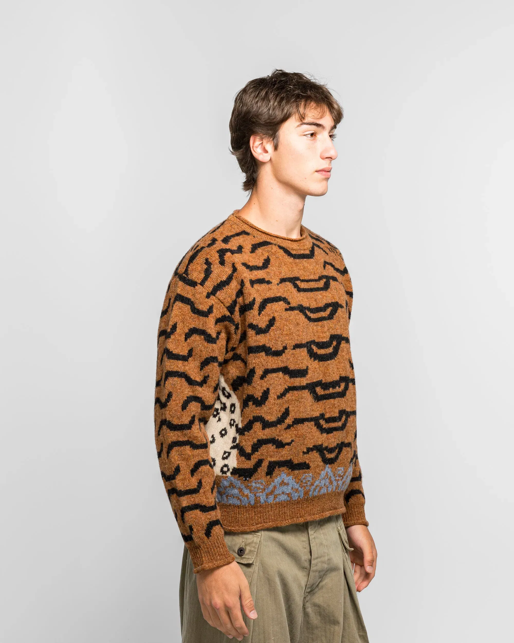 KAPITAL 7G Wool Nepal Tiger Crew Knit Sweater - Orange