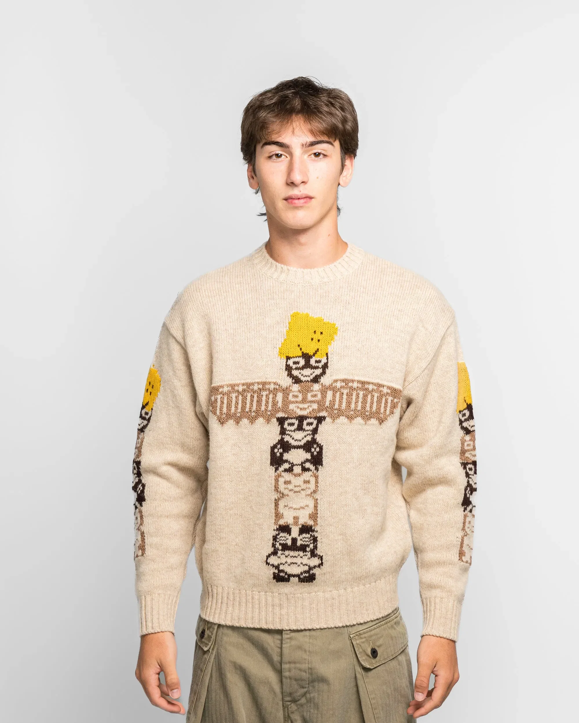 KAPITAL 5G Wool PECKISH TOTEM POLE Crew Sweater - Ecru