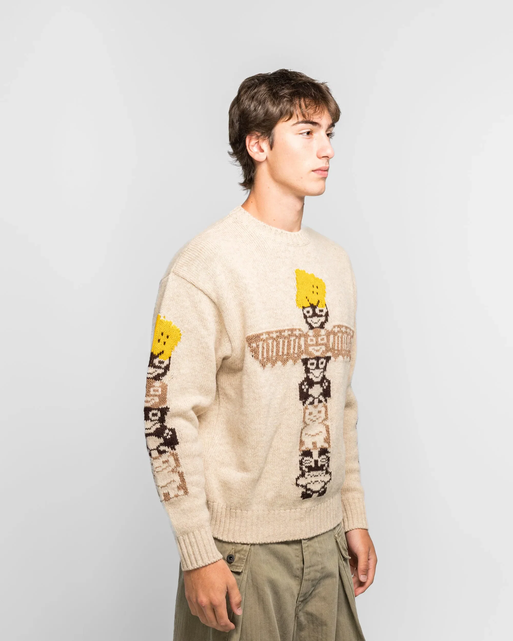 KAPITAL 5G Wool PECKISH TOTEM POLE Crew Sweater - Ecru