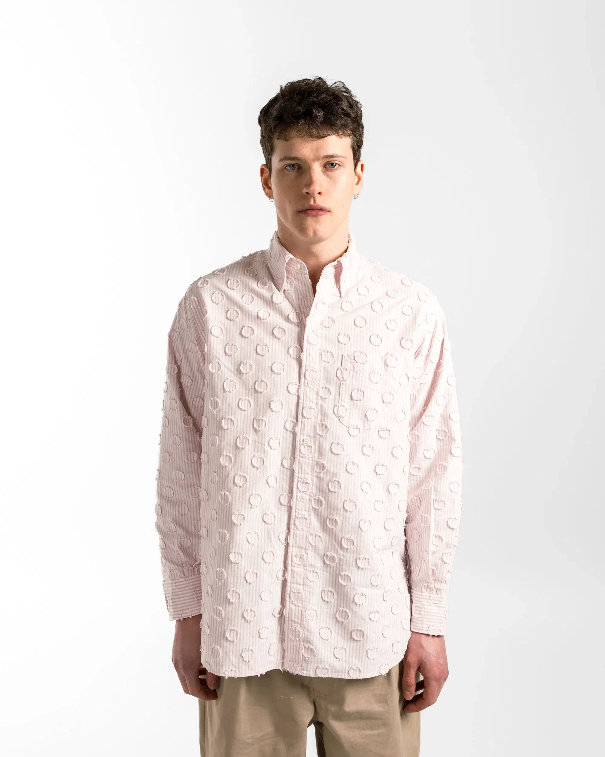 BEAMS PLUS B.D. Burnout Dot Candy Stripe Shirt - Pink Stripe