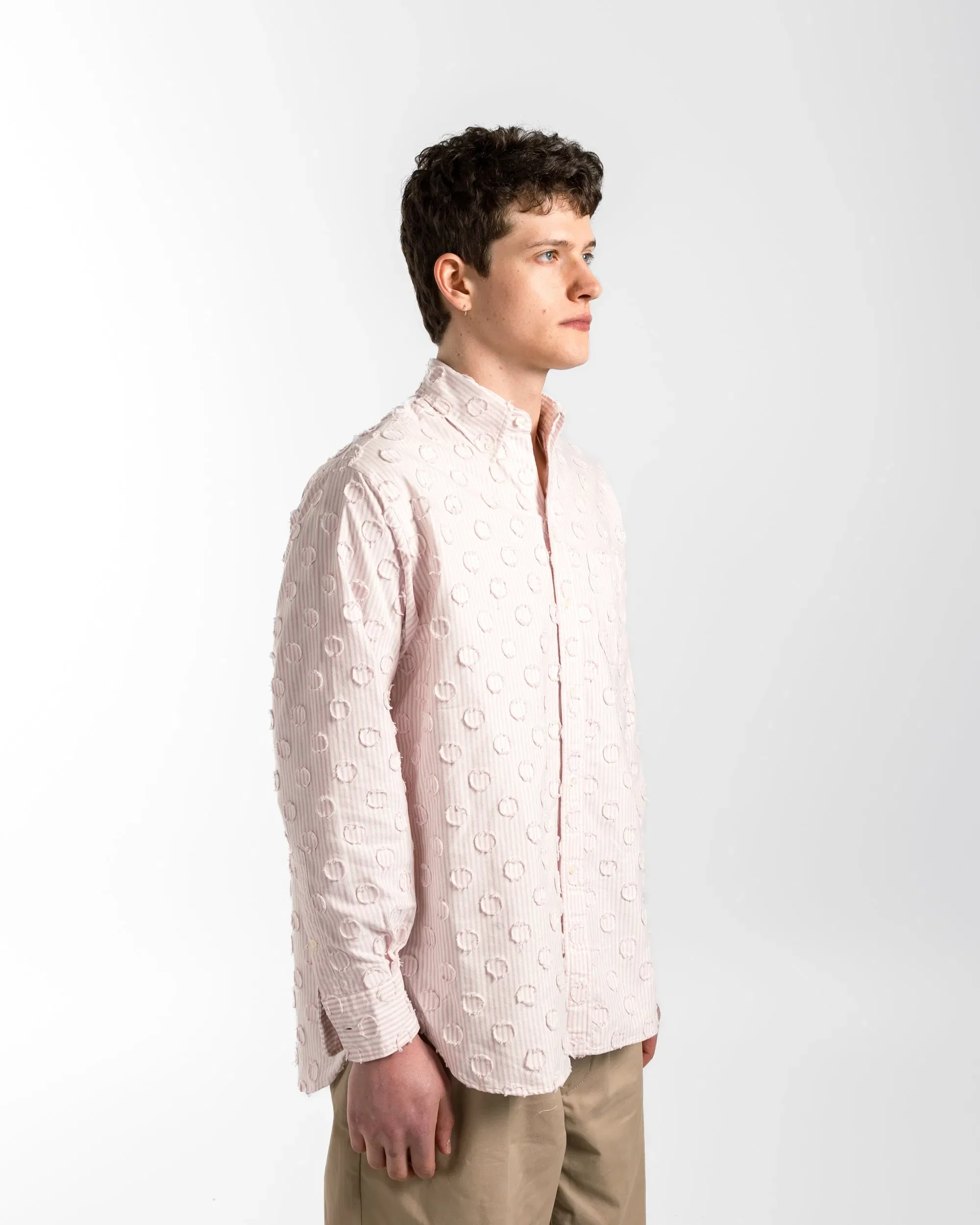 BEAMS PLUS B.D. Burnout Dot Candy Stripe Shirt - Pink Stripe