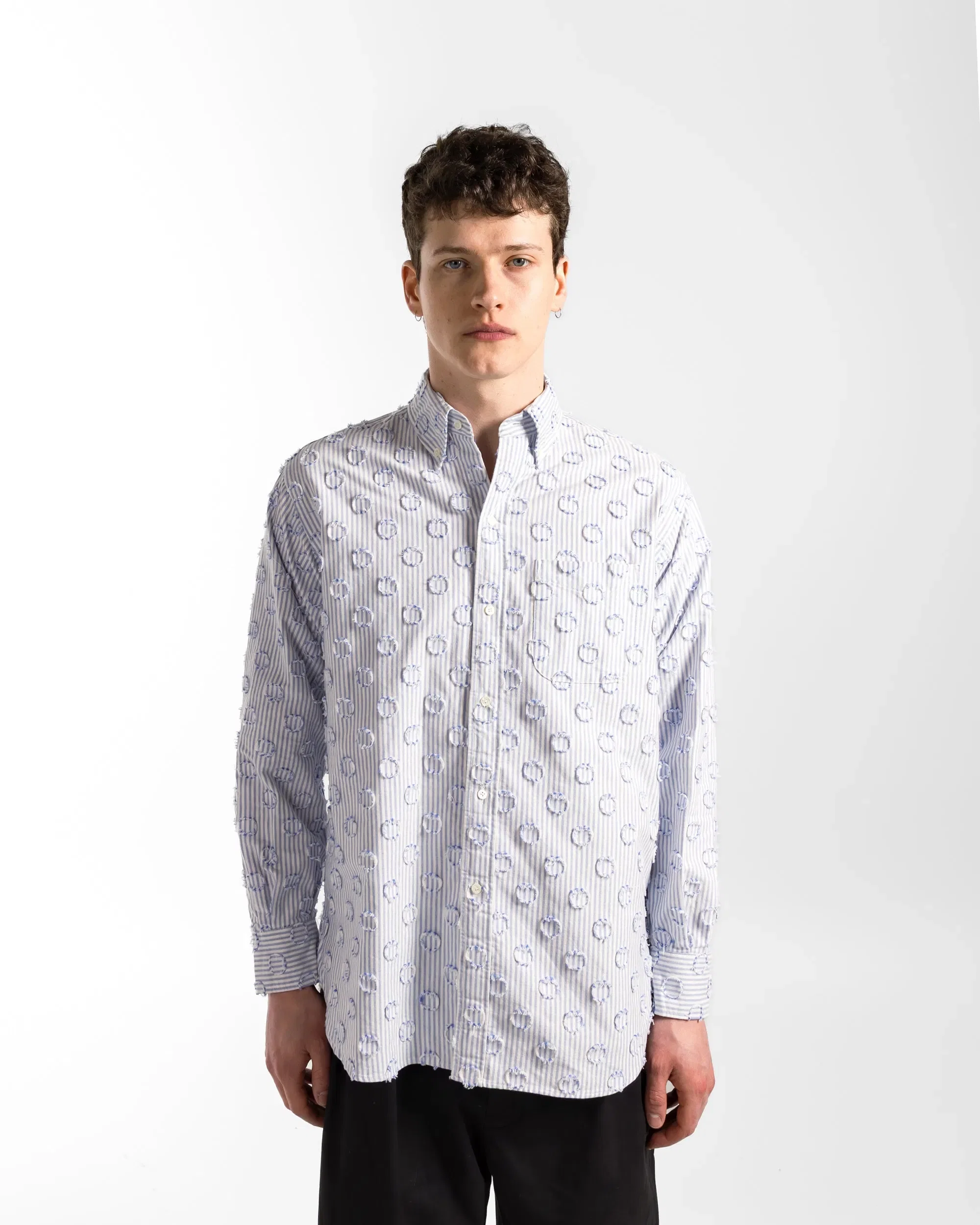 BEAMS PLUS B.D. Burnout Dot Candy Stripe Shirt - Blue Stripe
