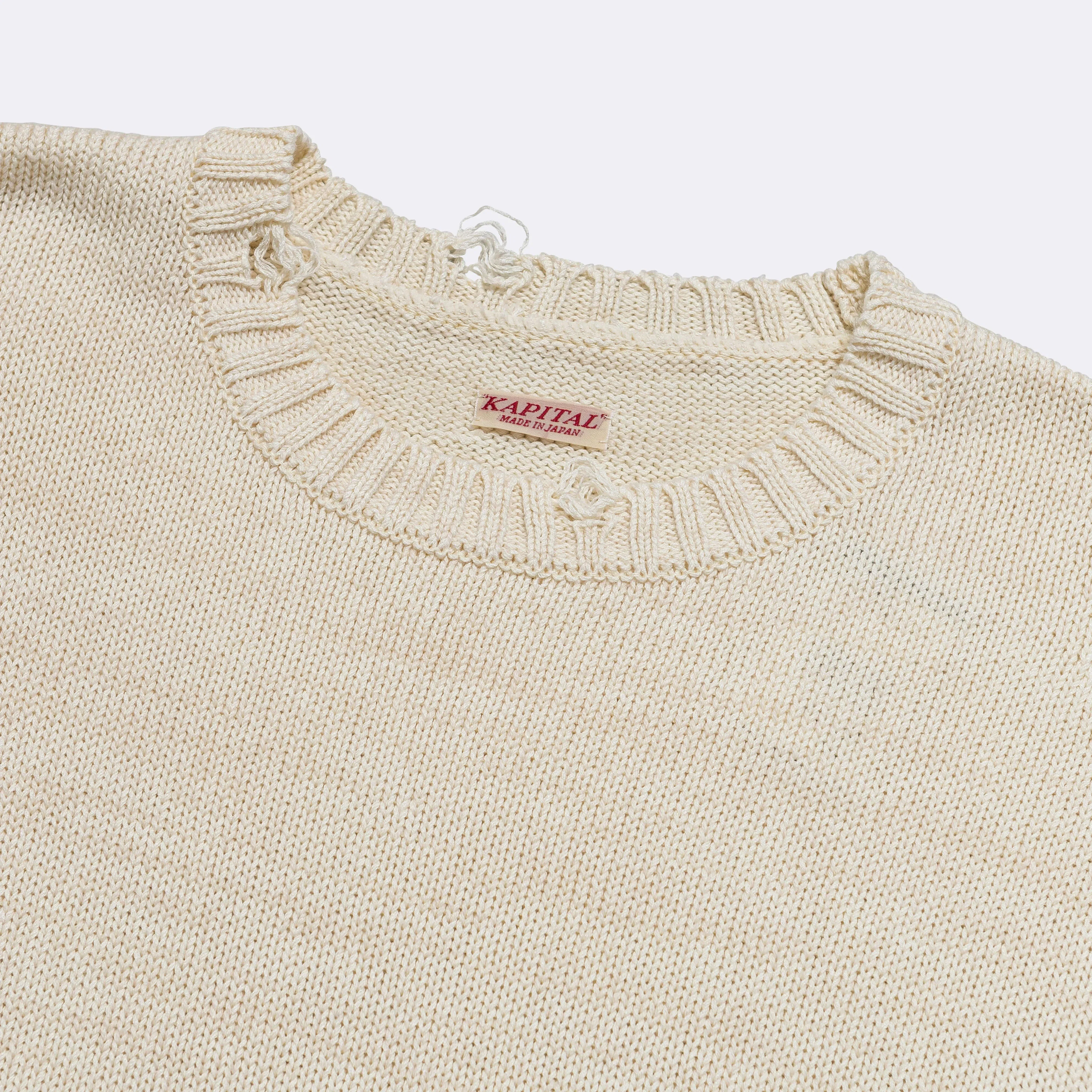 KAPITAL 5G Cotton Knit RAINBOWY Patch Crew Sweater - Ecru