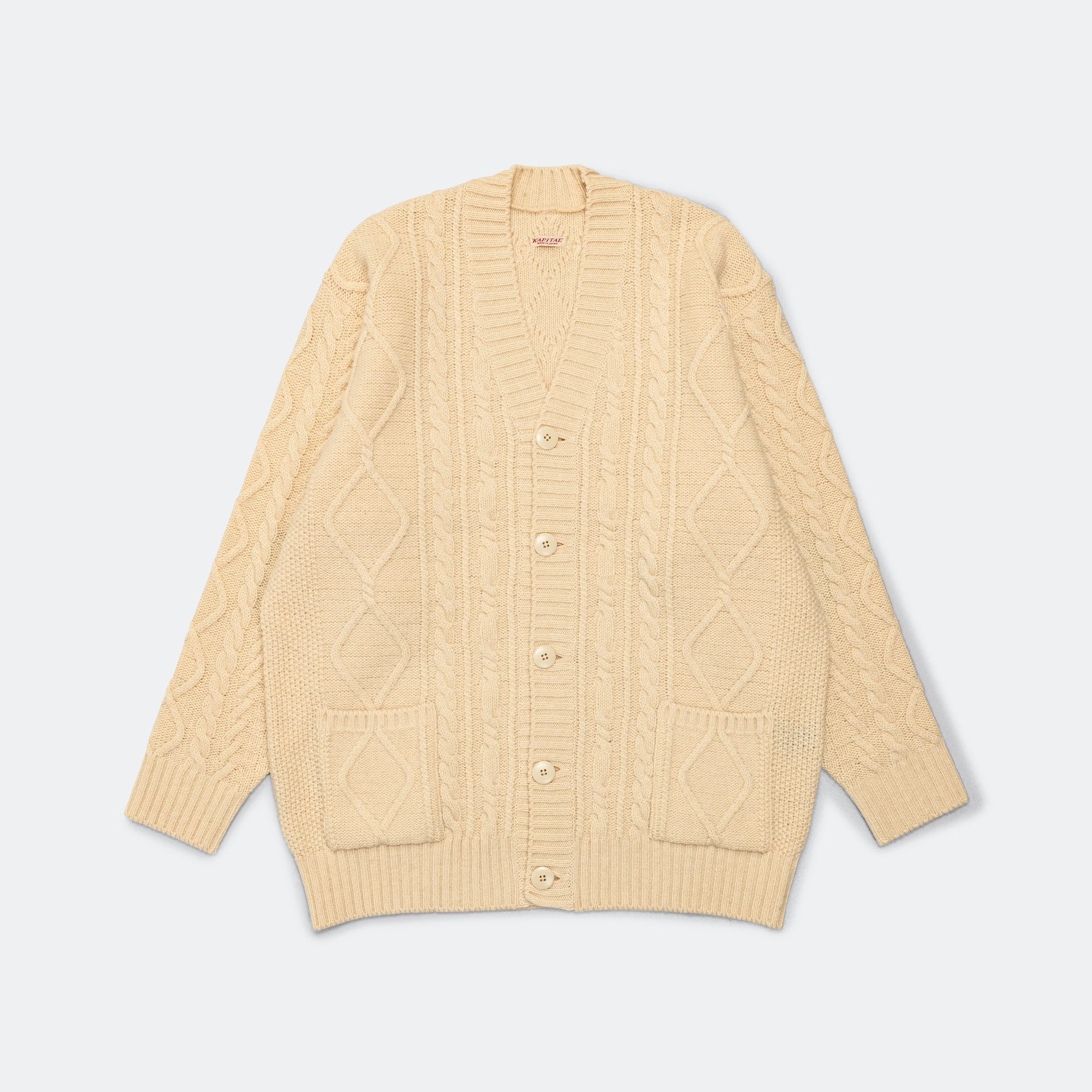 KAPITAL 5G Wool Cable Knit PROFILE RAINBOWY Patch Cardigan - Nat