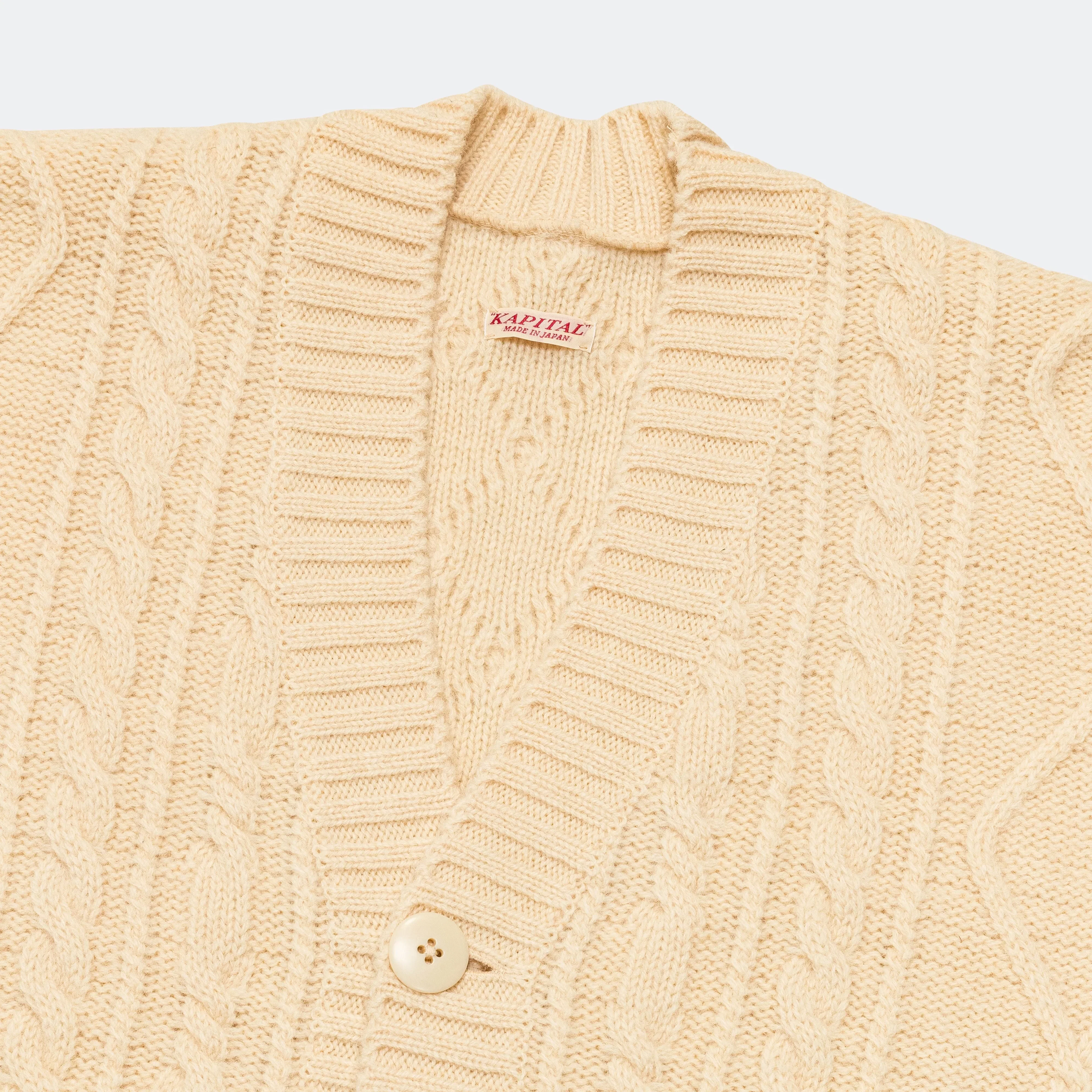 KAPITAL 5G Wool Cable Knit PROFILE RAINBOWY Patch Cardigan - Nat