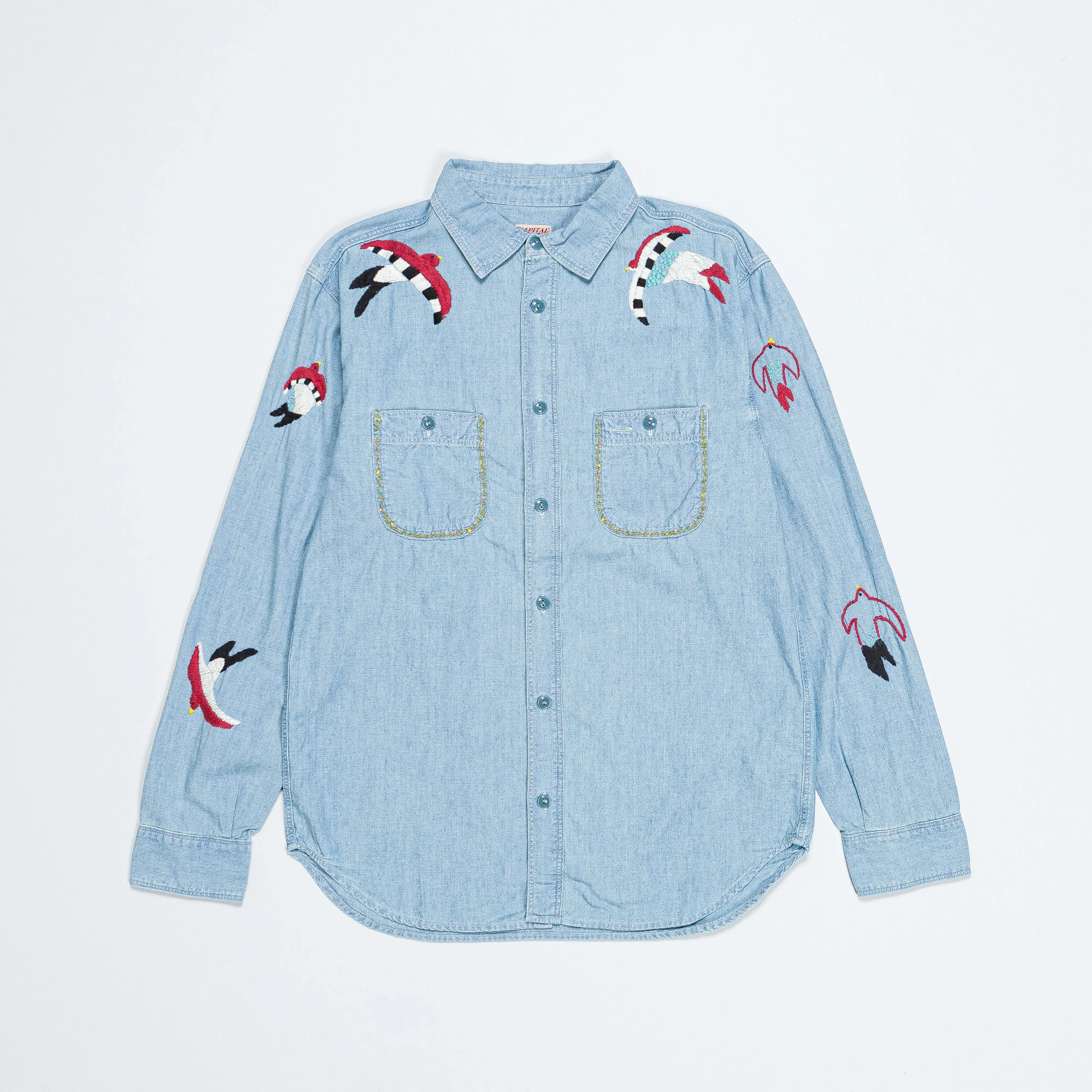 KAPITAL Chambray WORK Shirt (Swallow Embroidery) - Sax