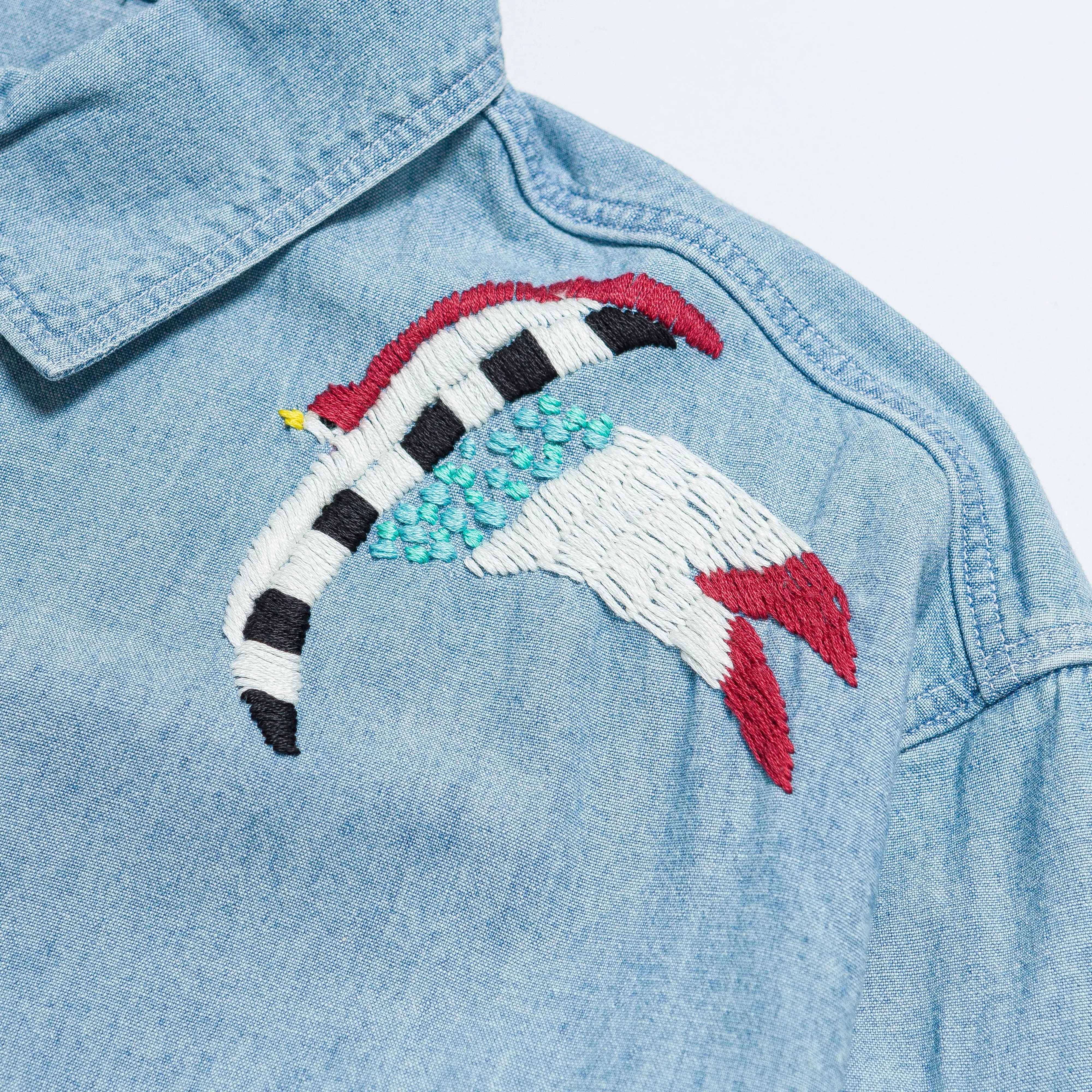 KAPITAL Chambray WORK Shirt (Swallow Embroidery) - Sax