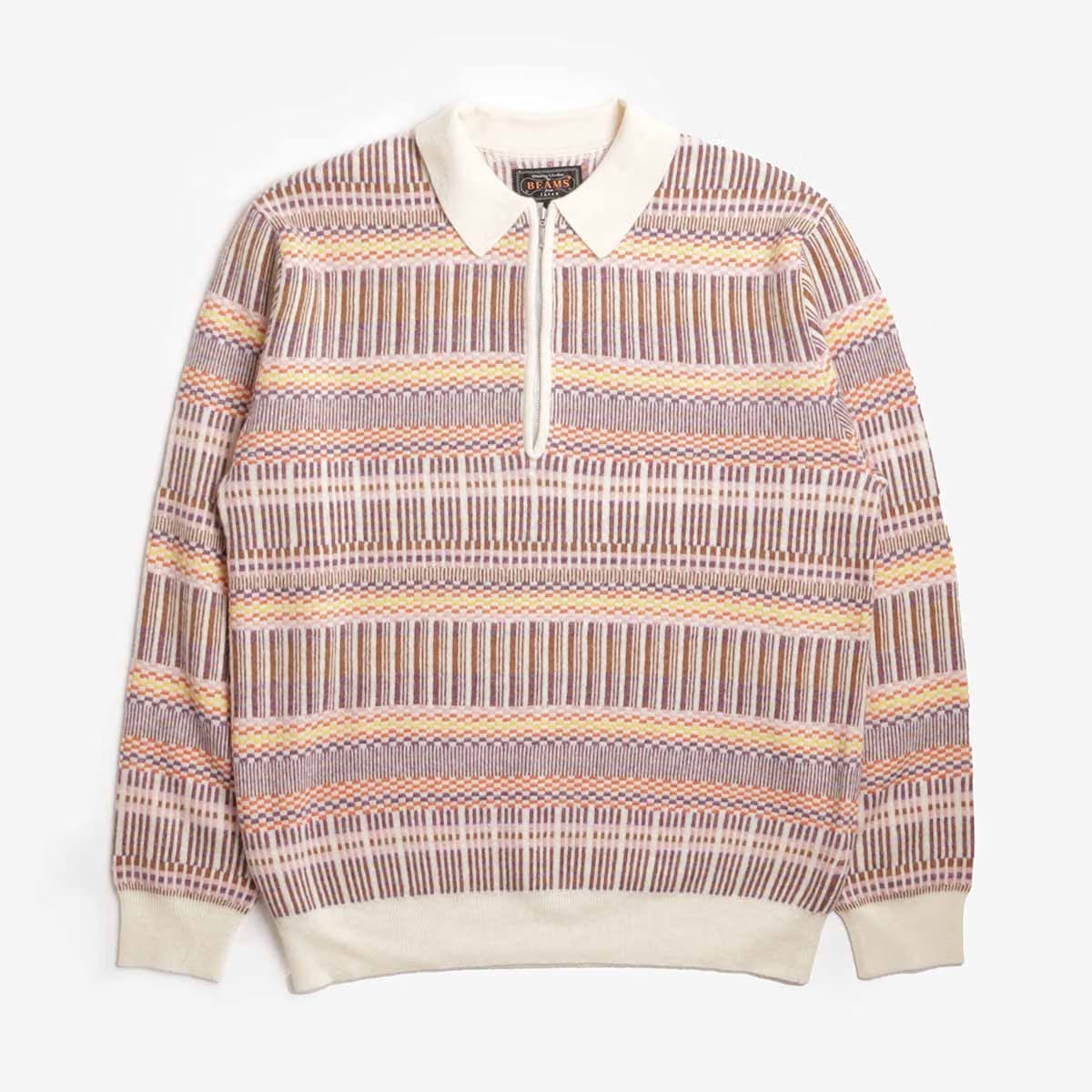 Beams Plus Half Zip Jacquard Knit Polo Shirt