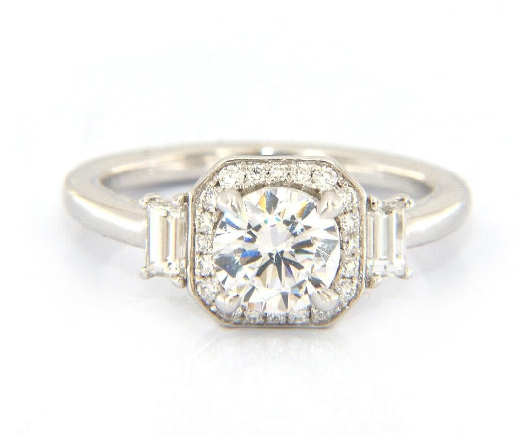 Gabriel & Co. New Gabriel & Co. Art Deco Octagonal Three Stone Halo Semi Mount Ring in 14K