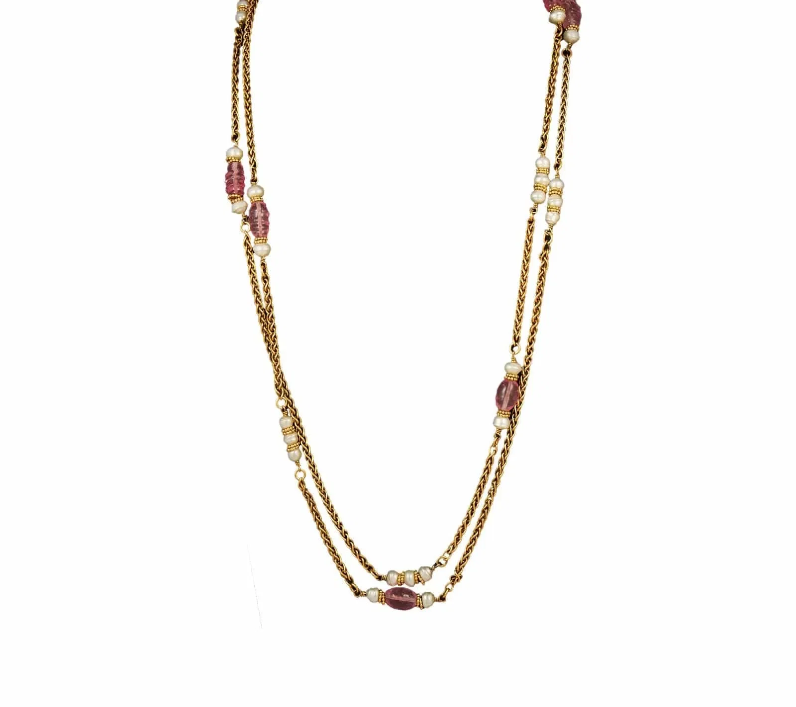 Chanel Pink Stone and Faux Pearl Station Necklace