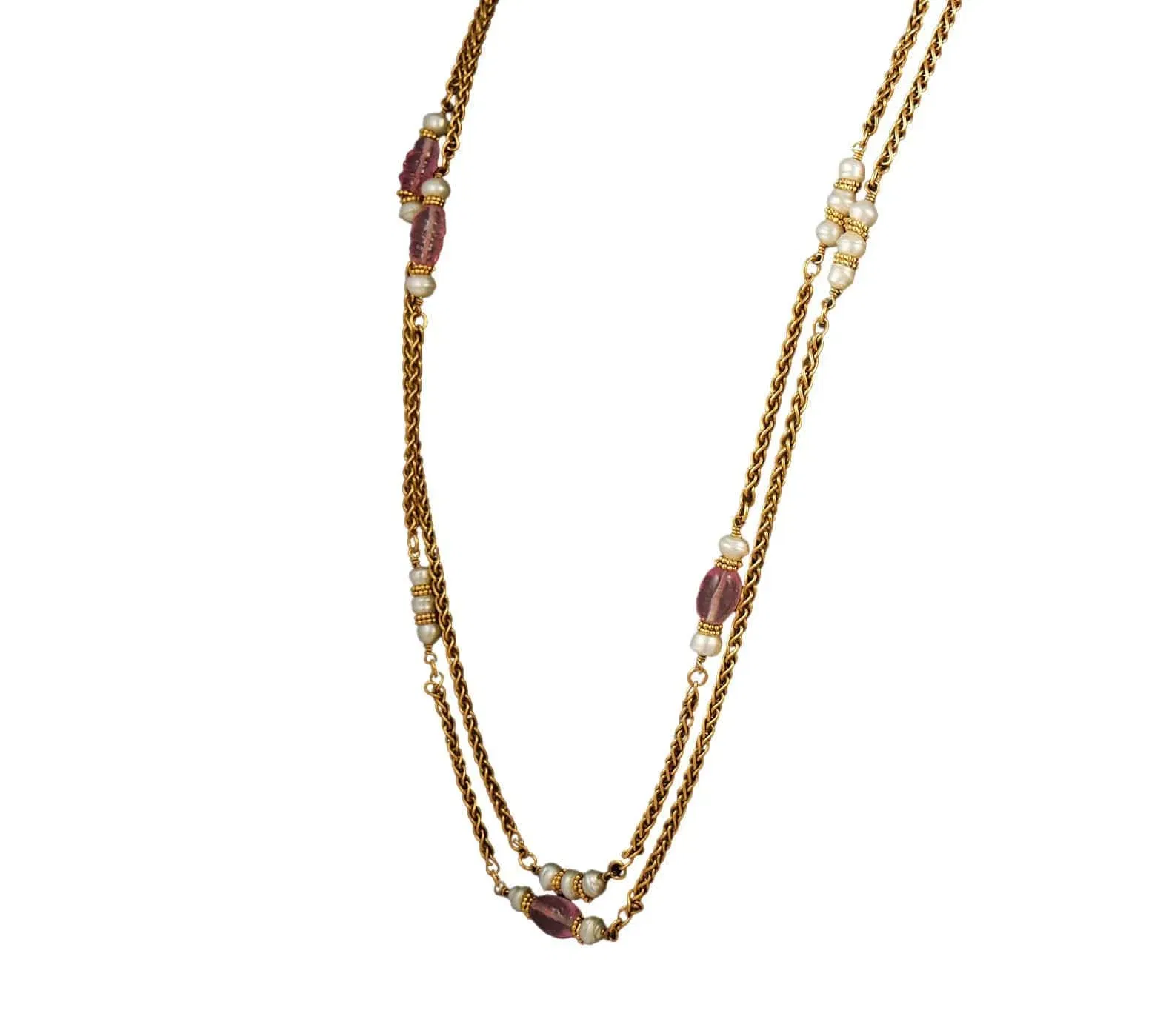 Chanel Pink Stone and Faux Pearl Station Necklace
