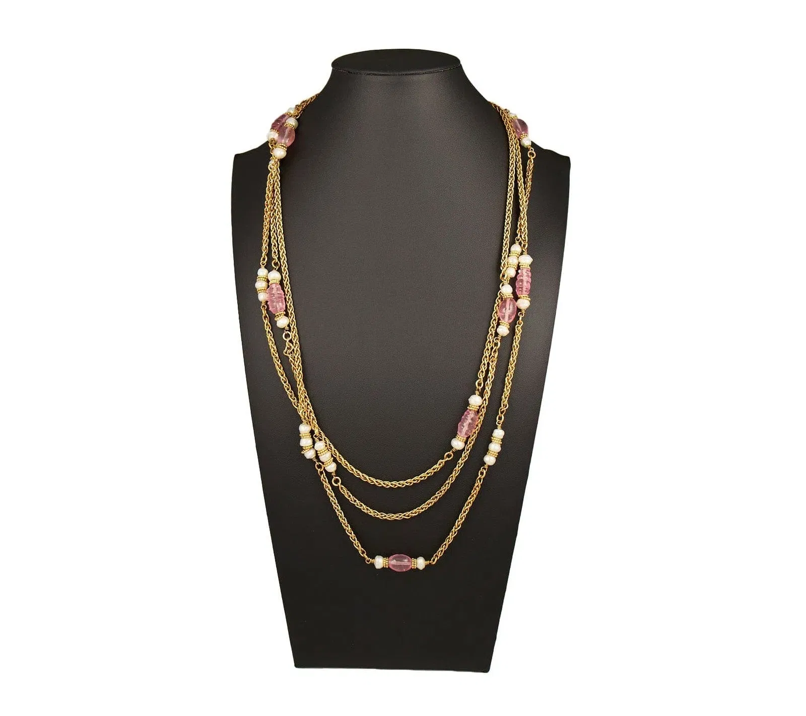 Chanel Pink Stone and Faux Pearl Station Necklace