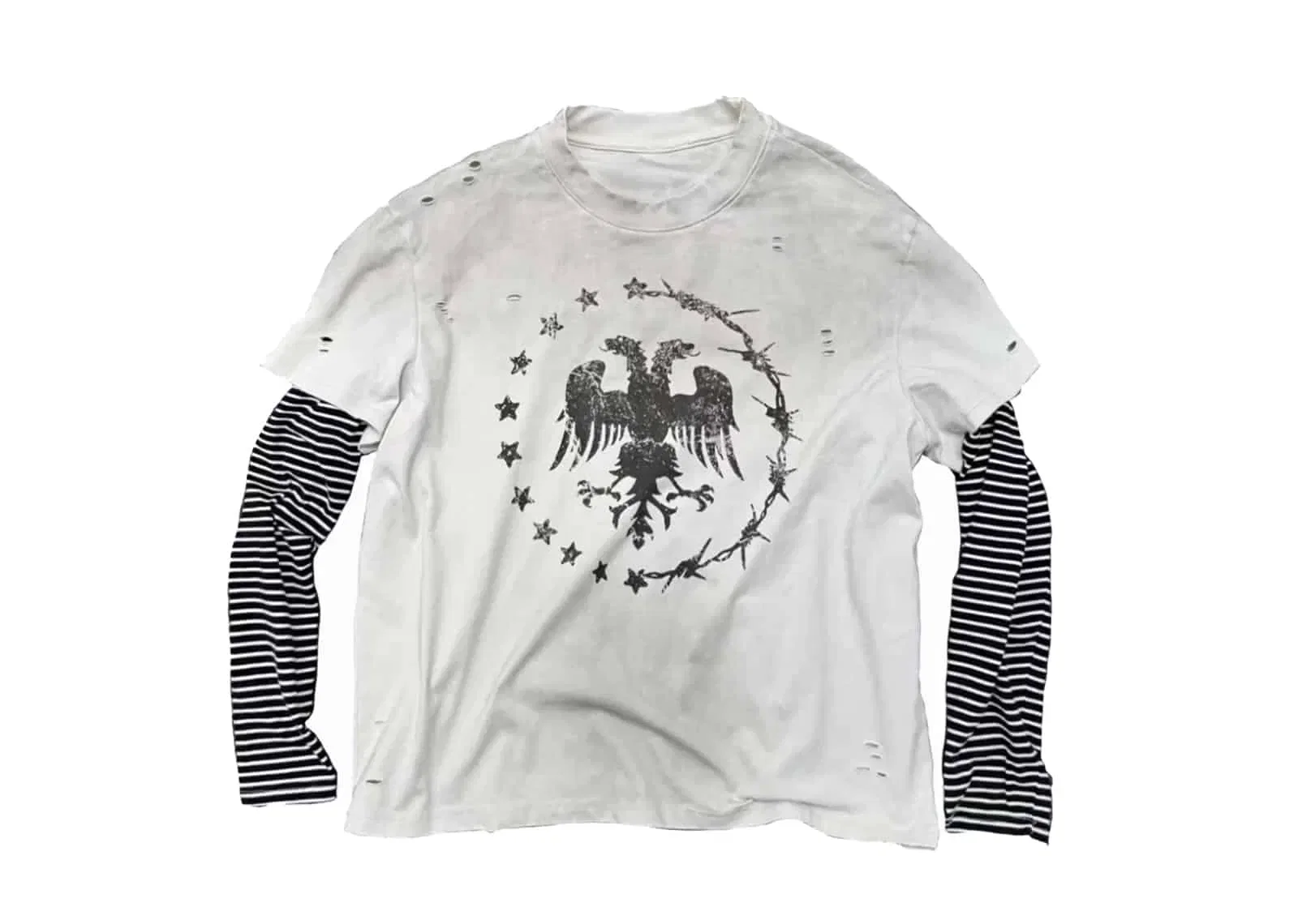 KLICK CLAK 25AW Distressed Print Vintage Wash Fake Two-Piece L/S Tee White Black