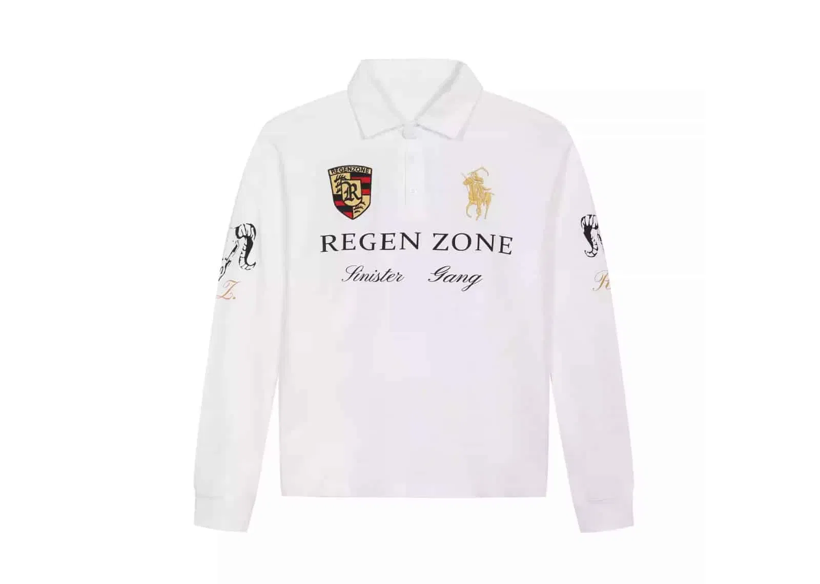 REGEN ZONE SPUR Vintage Racing Gold Foil Polo Long Sleeve Tee White