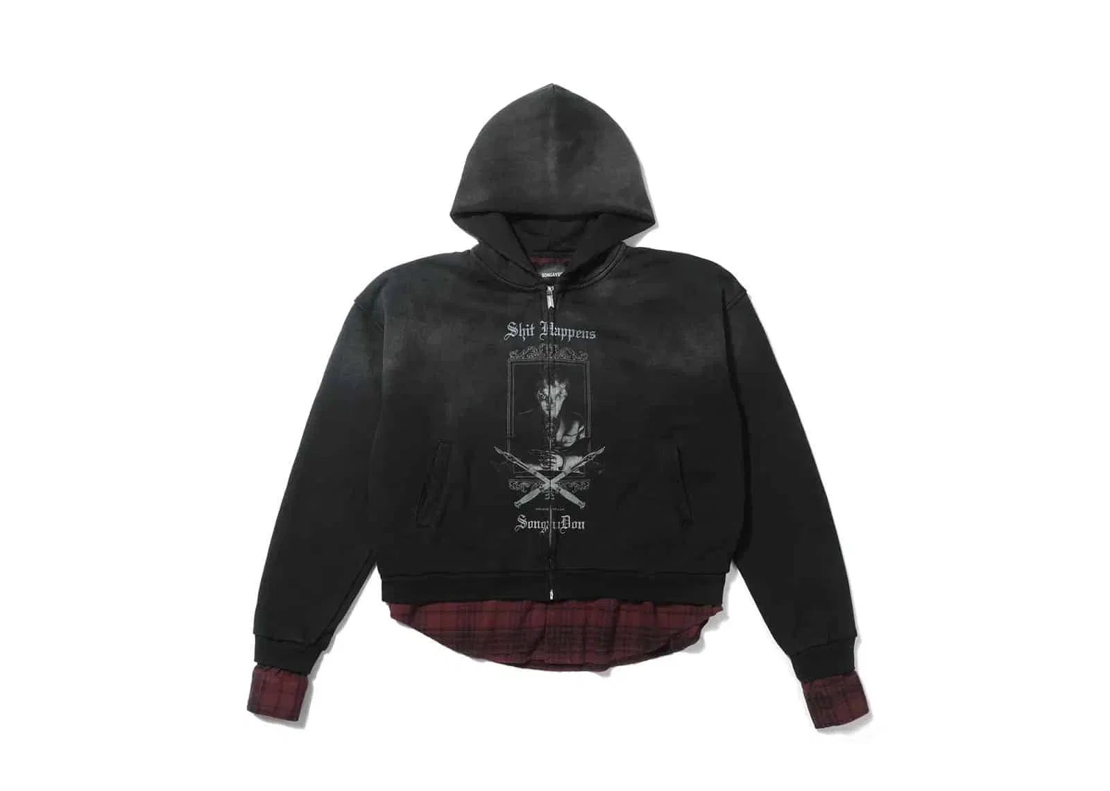 SONGAADON SONGDAADON Double Layered Fake Two Piece Printed Hoodie Washed Black
