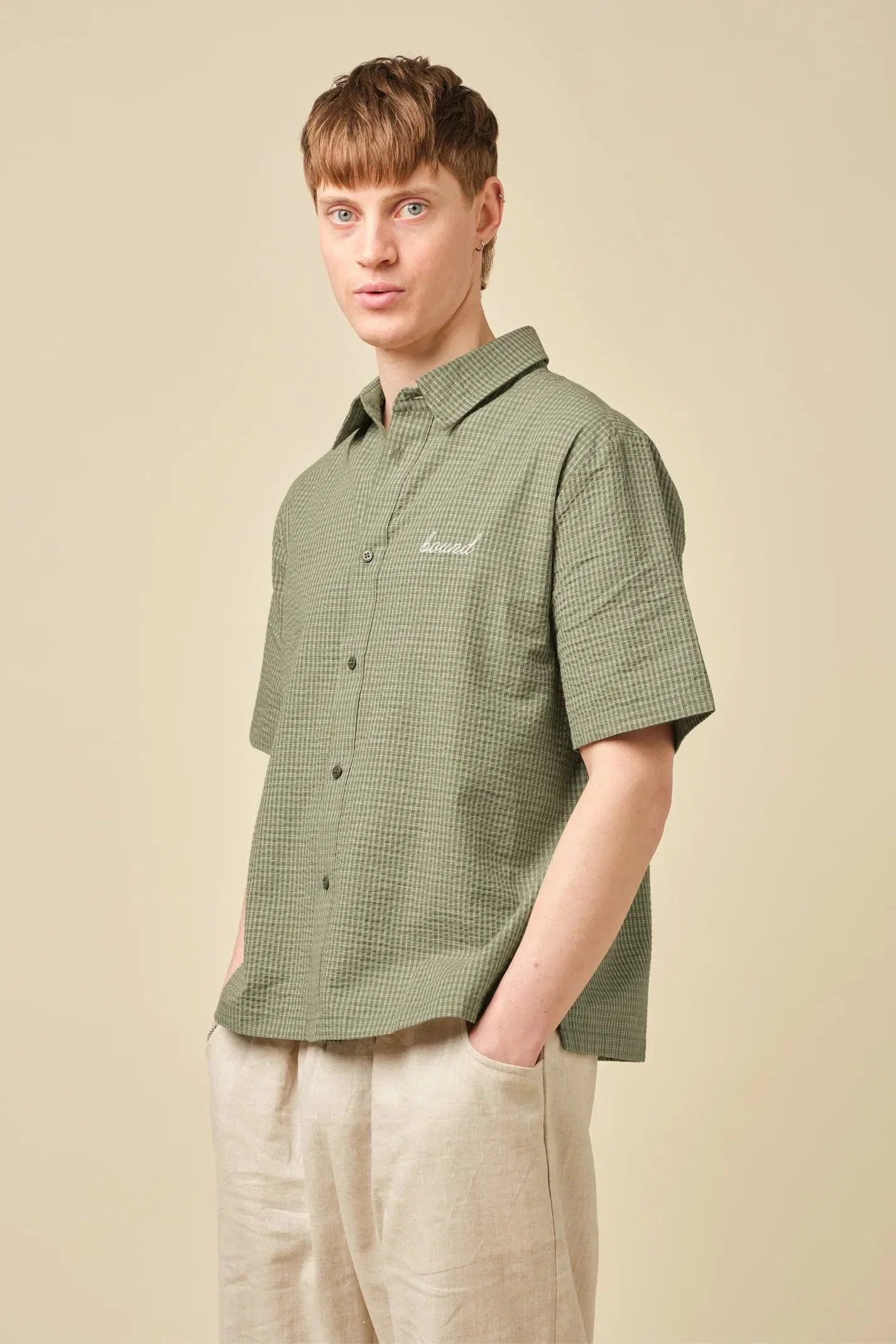 bound Gingham Cropped Shirt - Olive