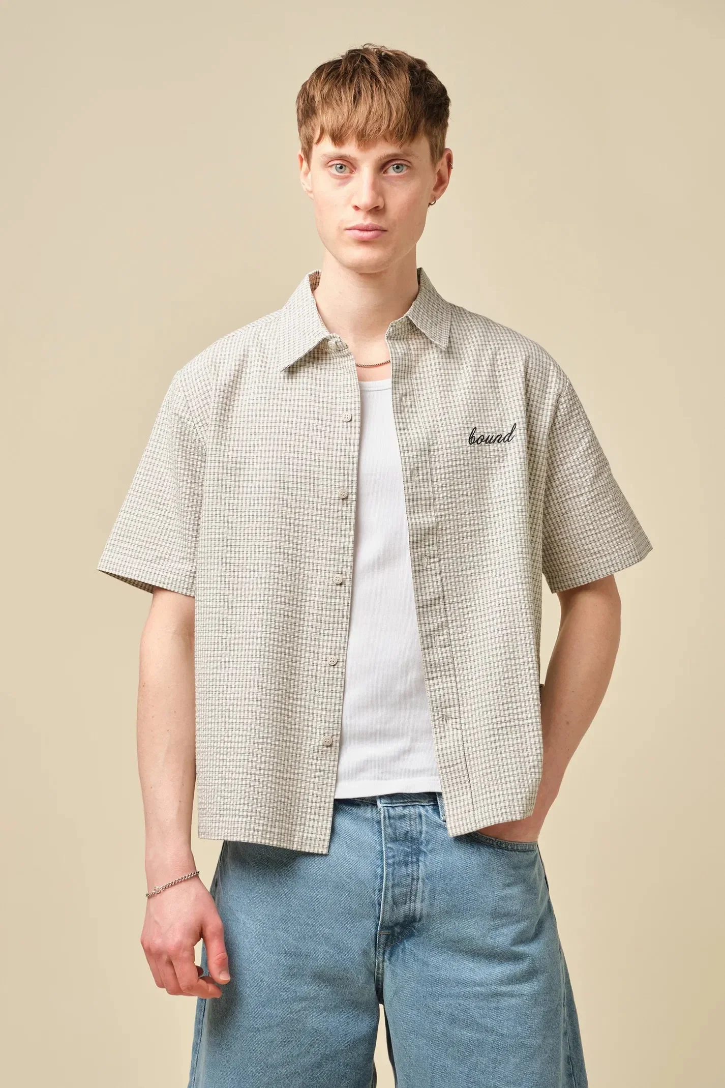 bound Gingham Cropped Shirt - Ecru