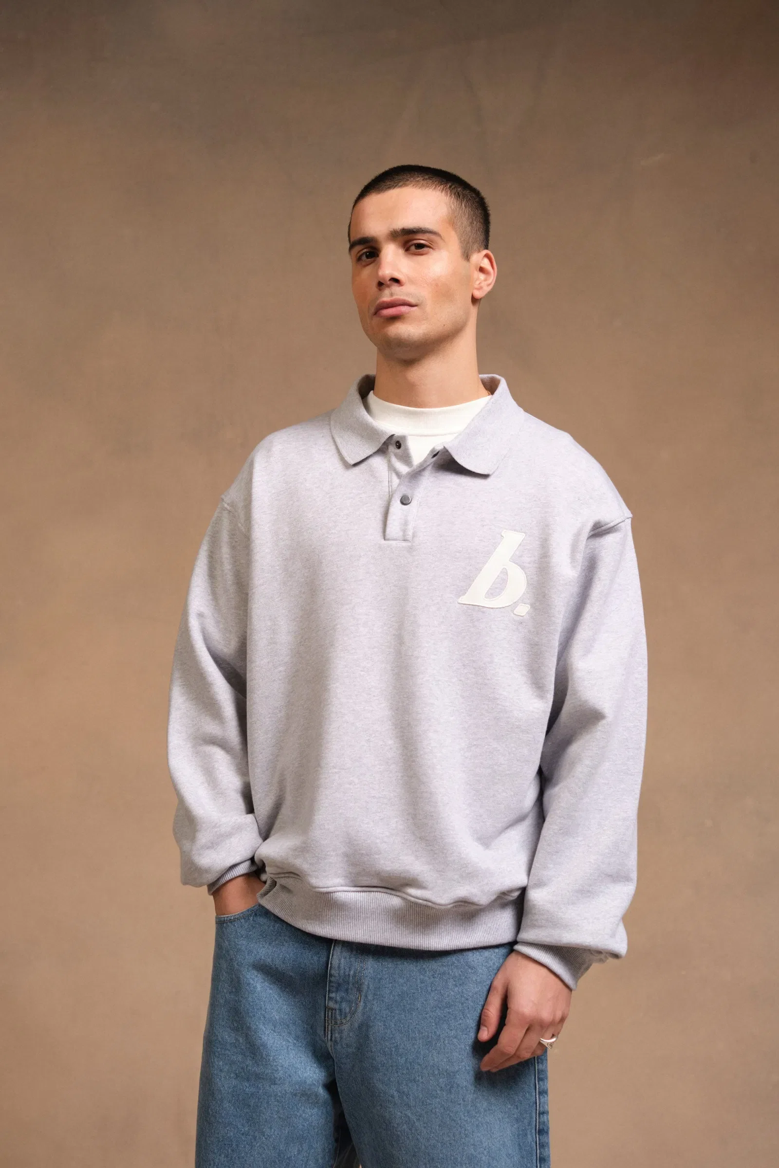 bound Stamp Polo Sweater - Grey Marl