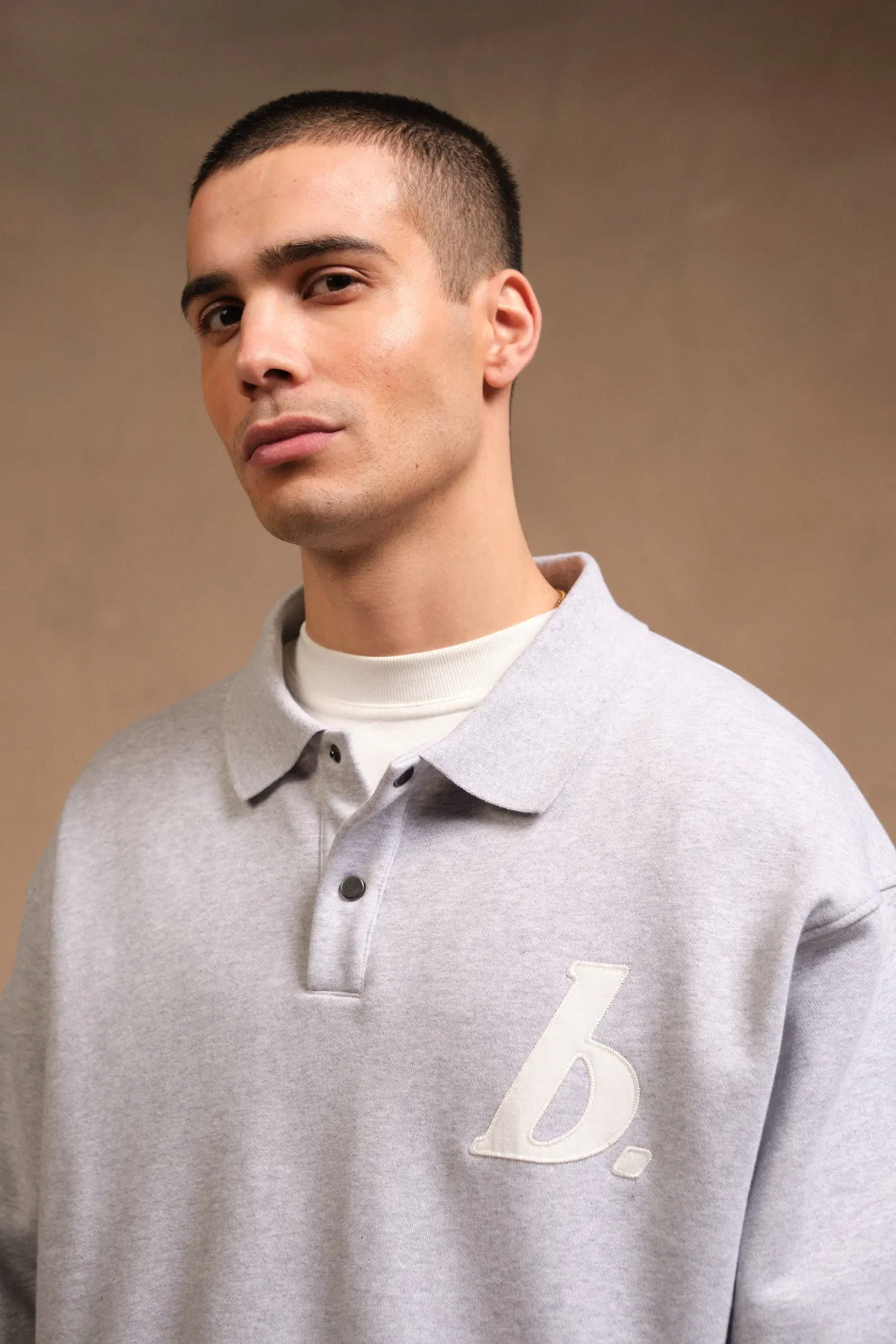 bound Stamp Polo Sweater - Grey Marl