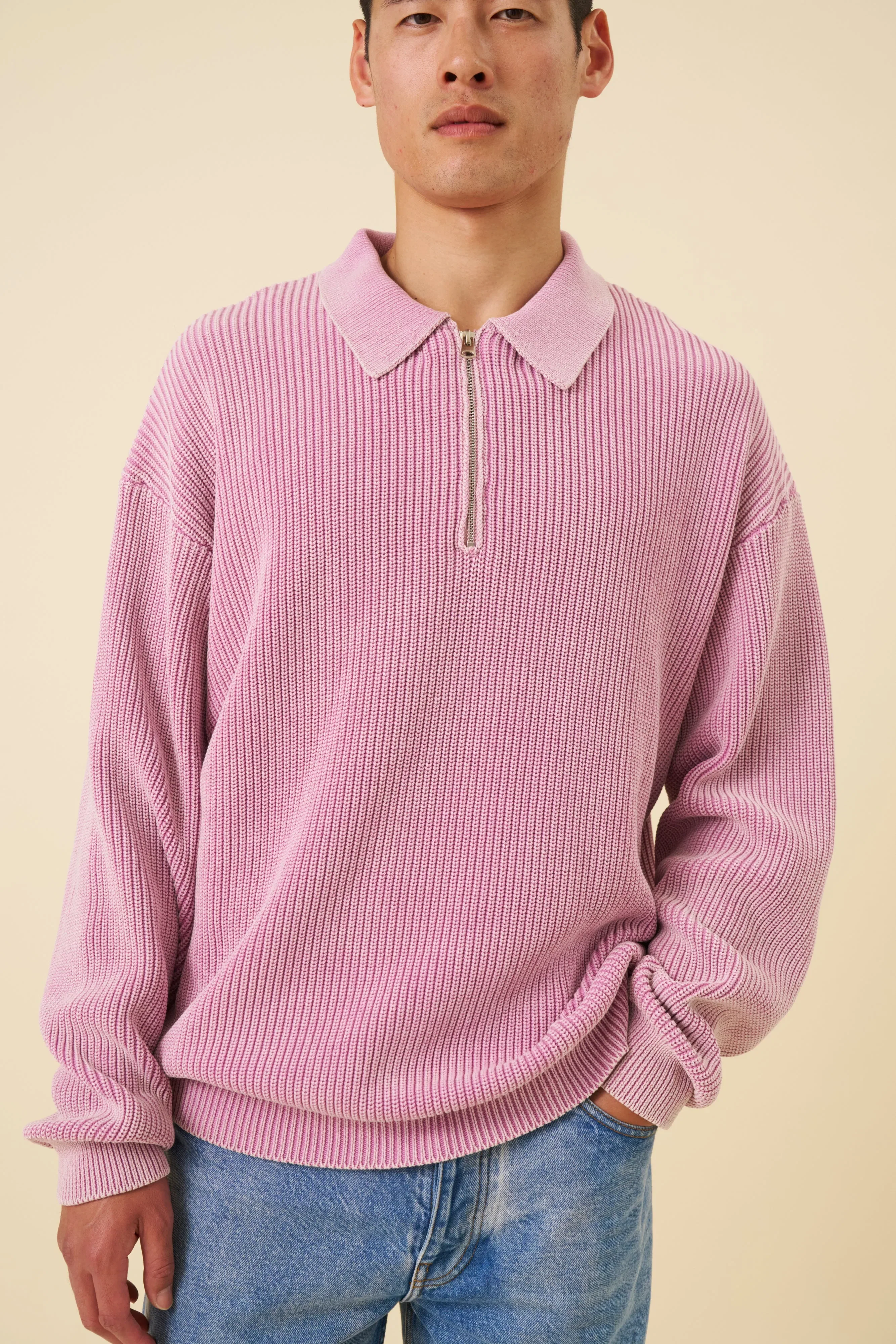 bound Acid Wash Half Zip Knit Pullover - Pink