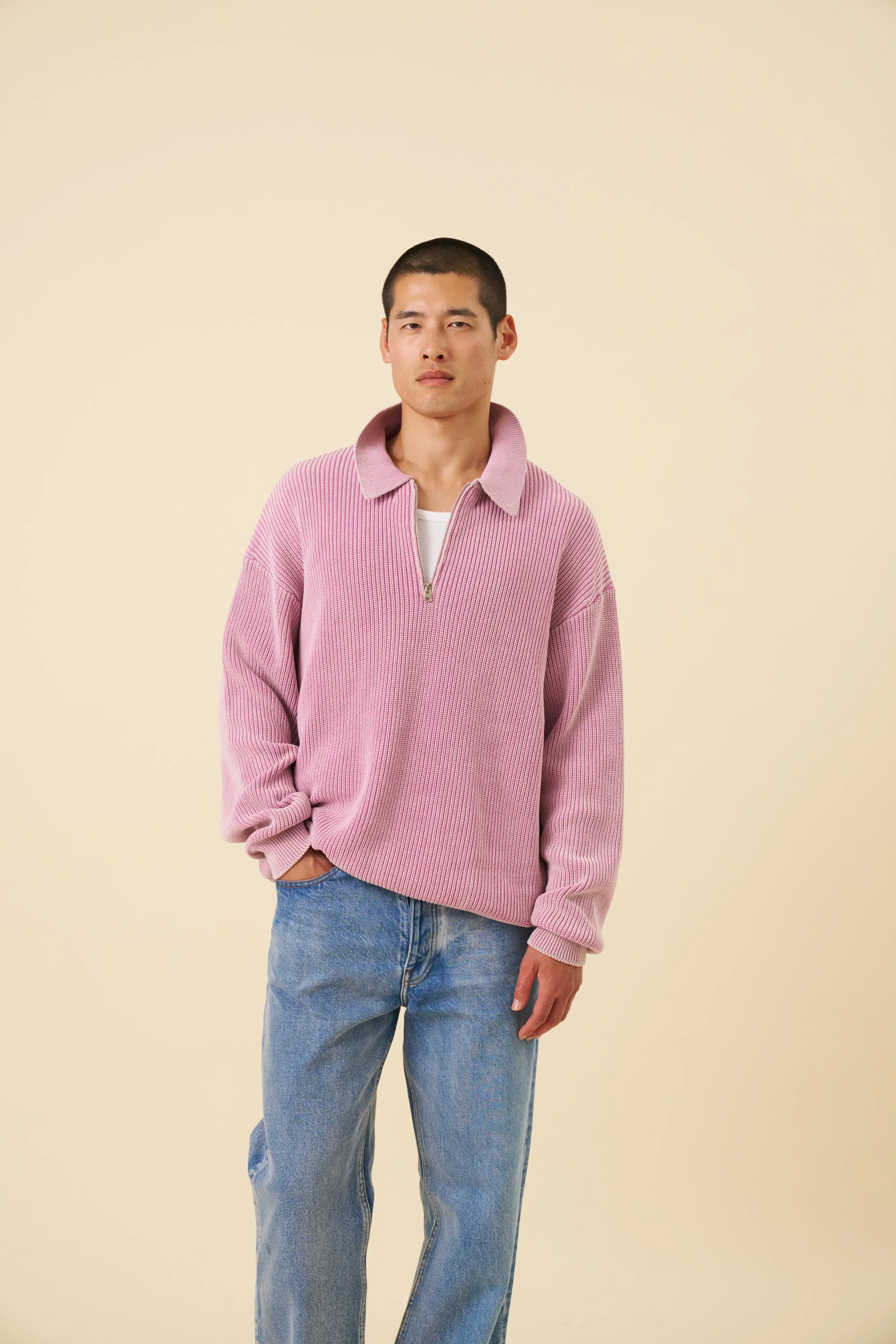 bound Acid Wash Half Zip Knit Pullover - Pink