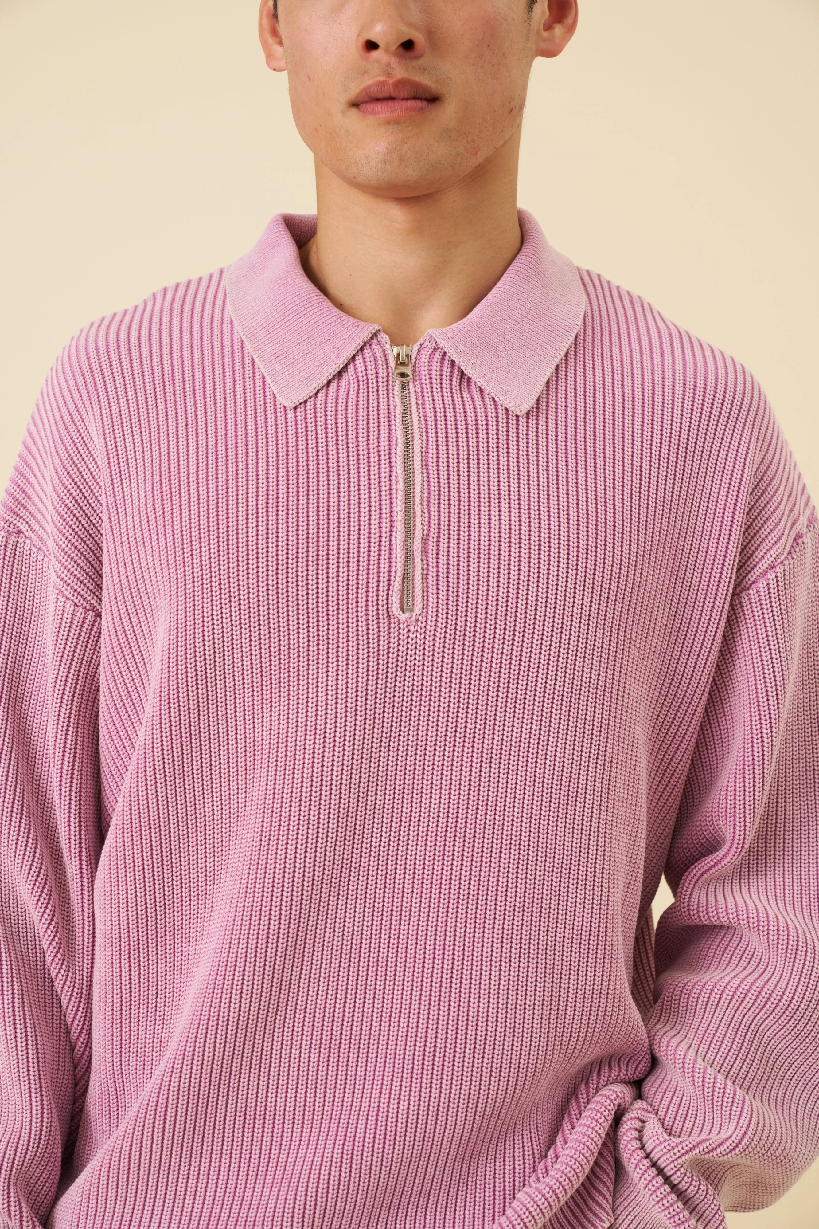 bound Acid Wash Half Zip Knit Pullover - Pink