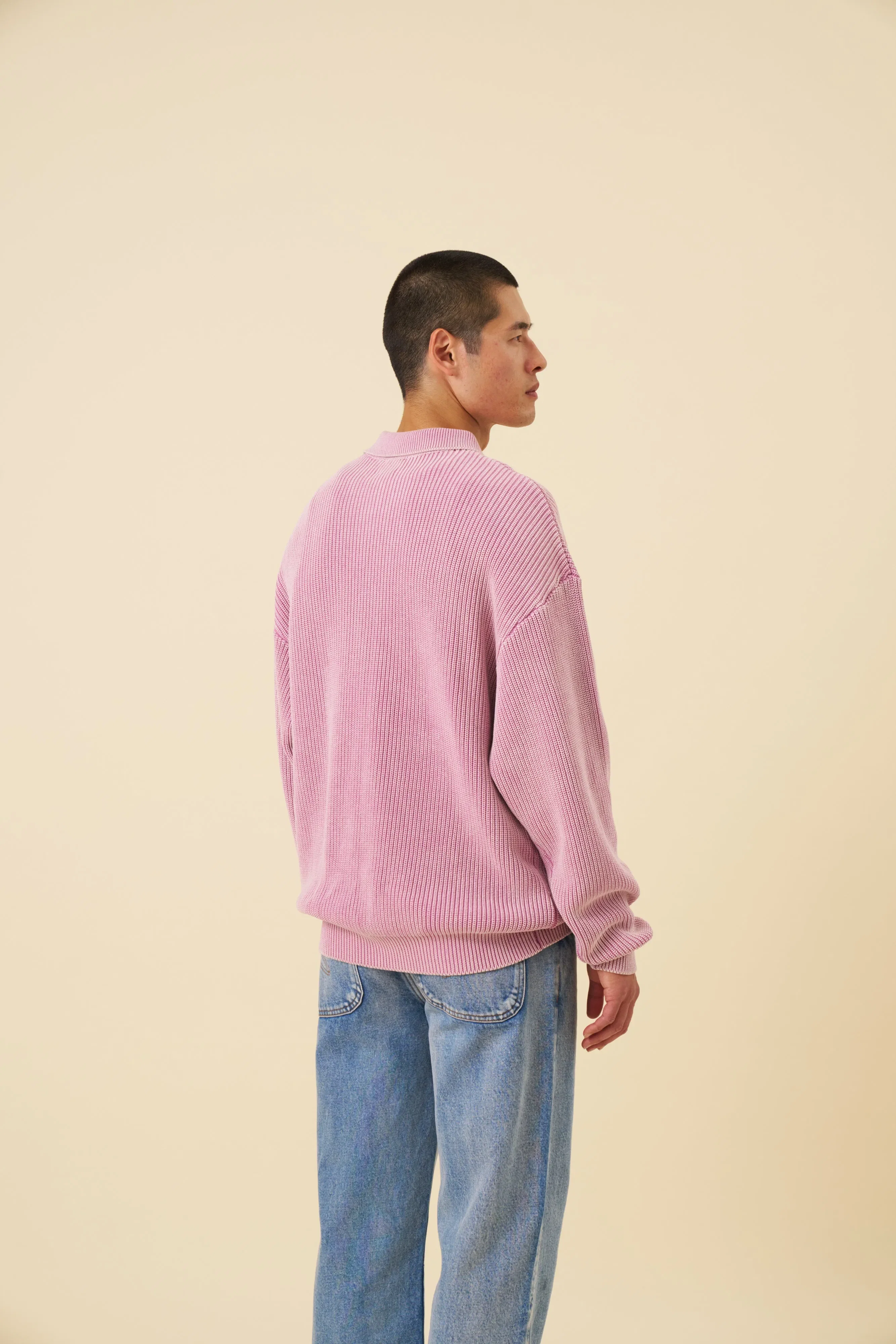 bound Acid Wash Half Zip Knit Pullover - Pink