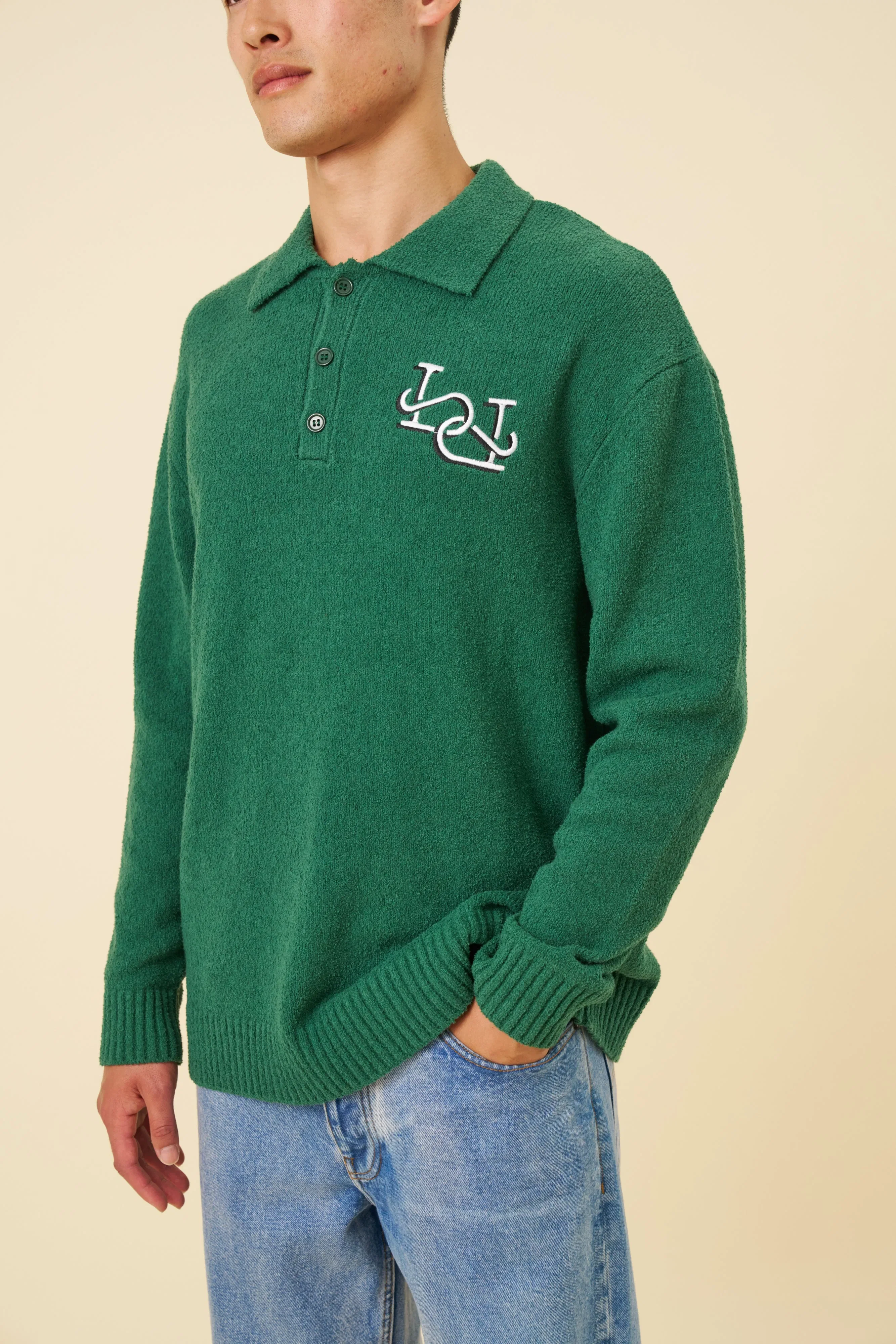 bound Textured Polo Sweater - Hunter Green