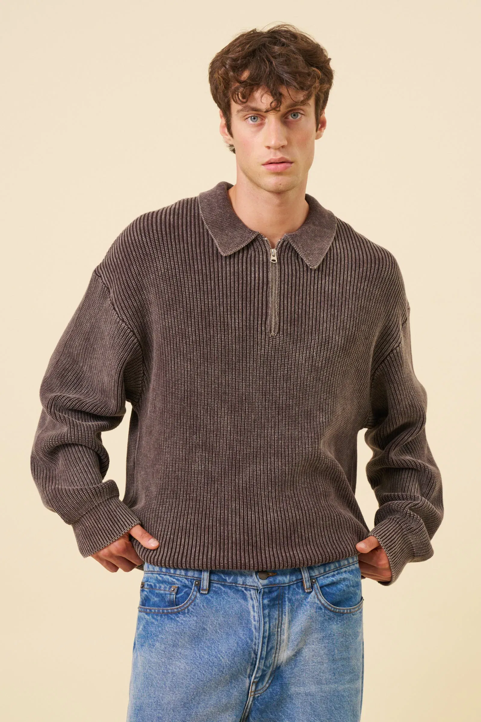 bound Acid Wash Half Zip Knit Pullover - Brown