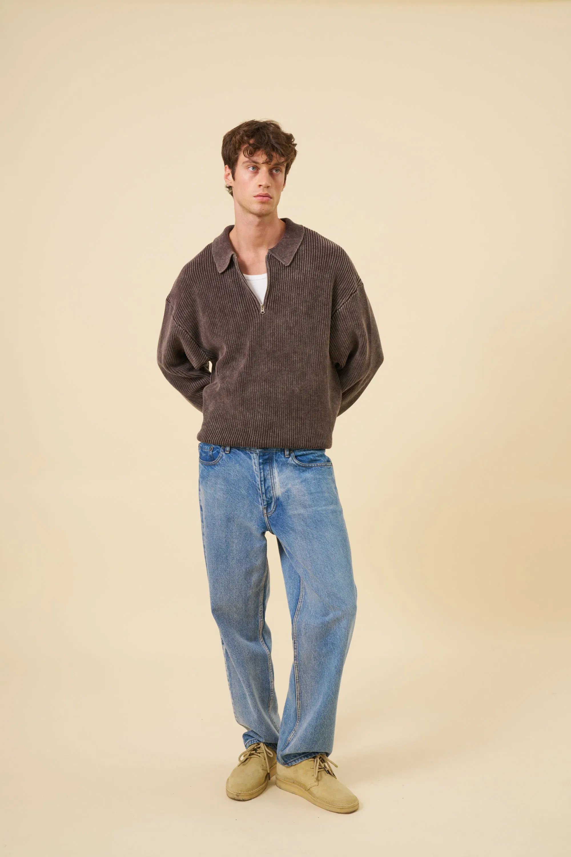 bound Acid Wash Half Zip Knit Pullover - Brown
