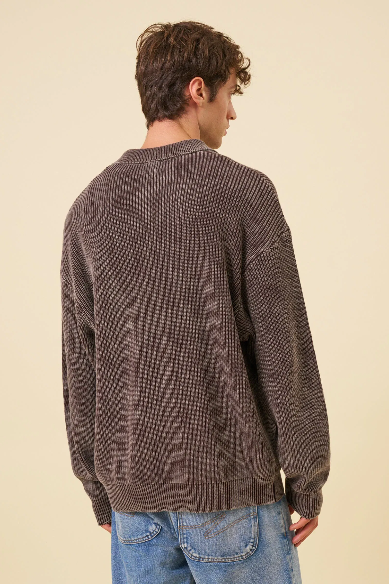 bound Acid Wash Half Zip Knit Pullover - Brown
