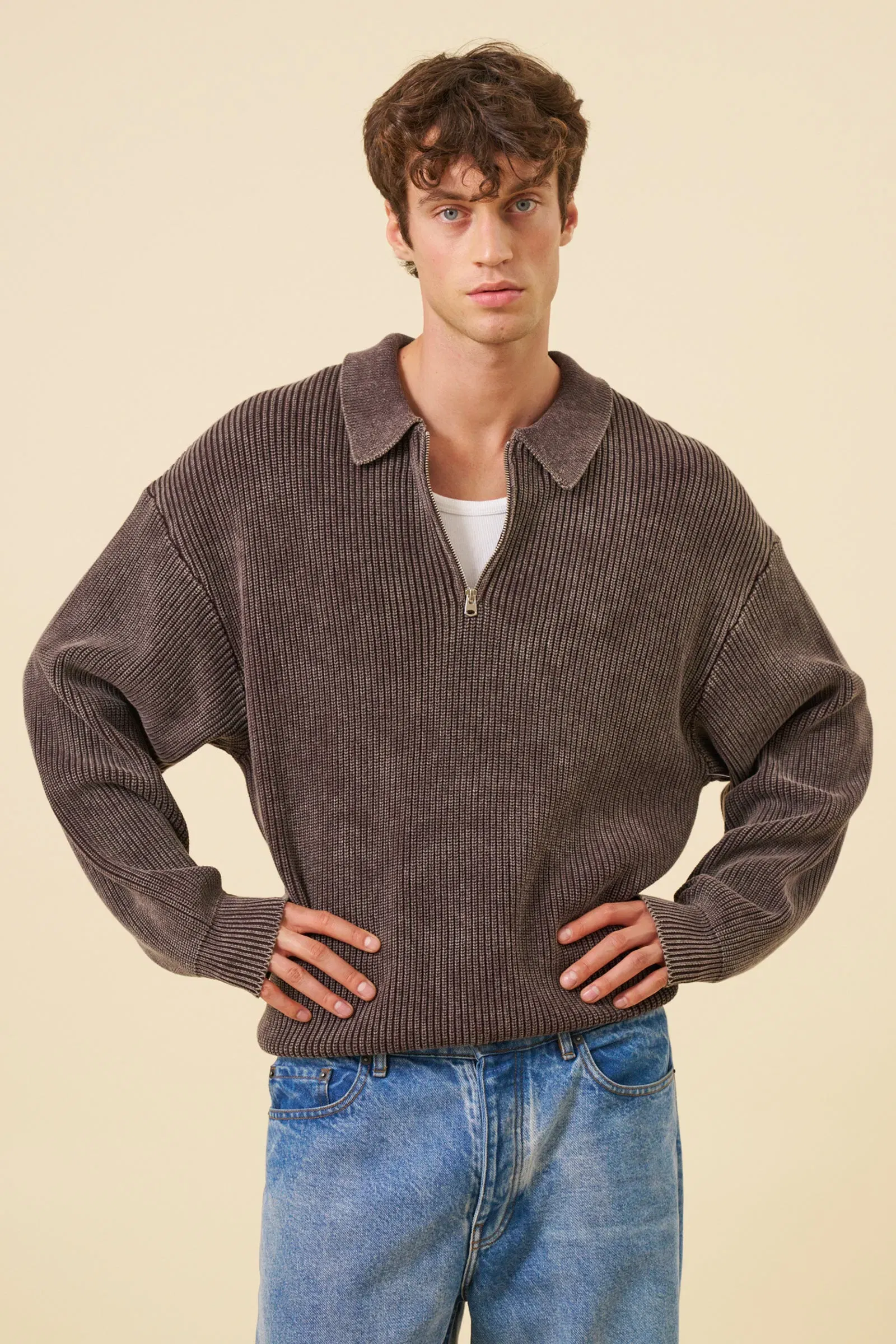 bound Acid Wash Half Zip Knit Pullover - Brown