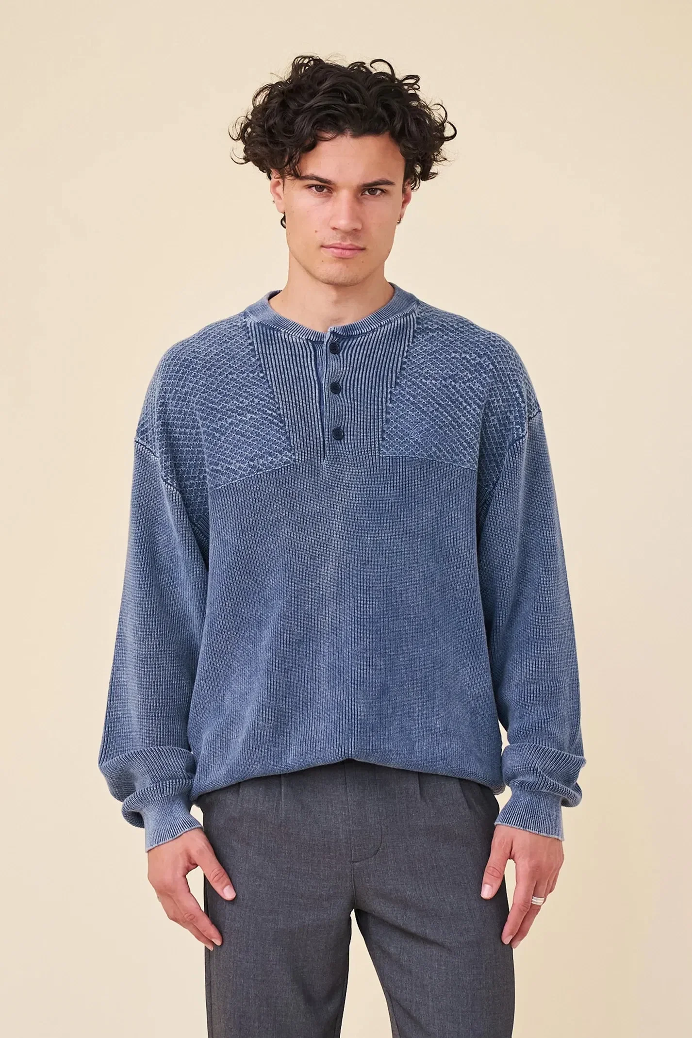 bound Half Button Panel Acid Wash Pullover - Navy