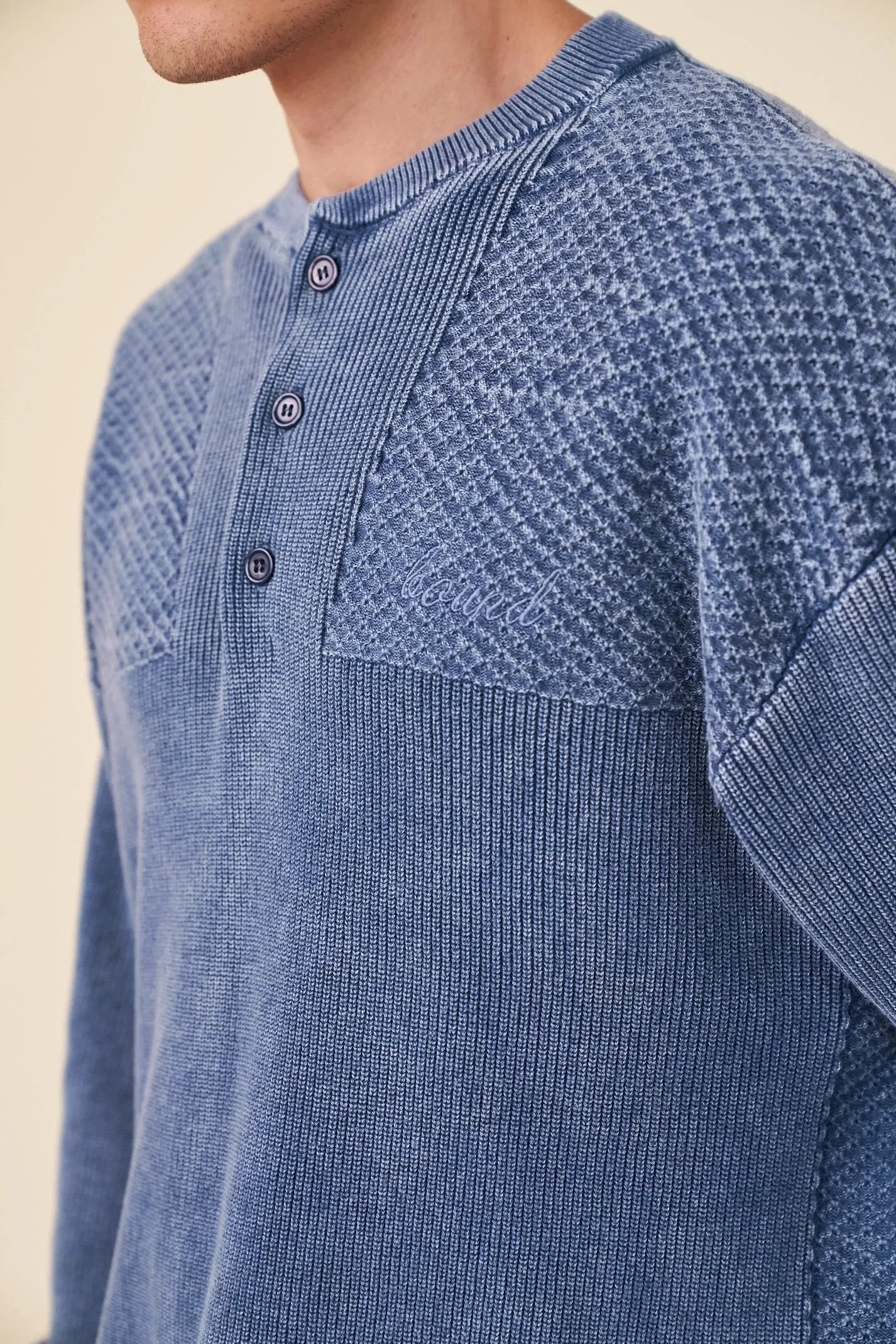 bound Half Button Panel Acid Wash Pullover - Navy